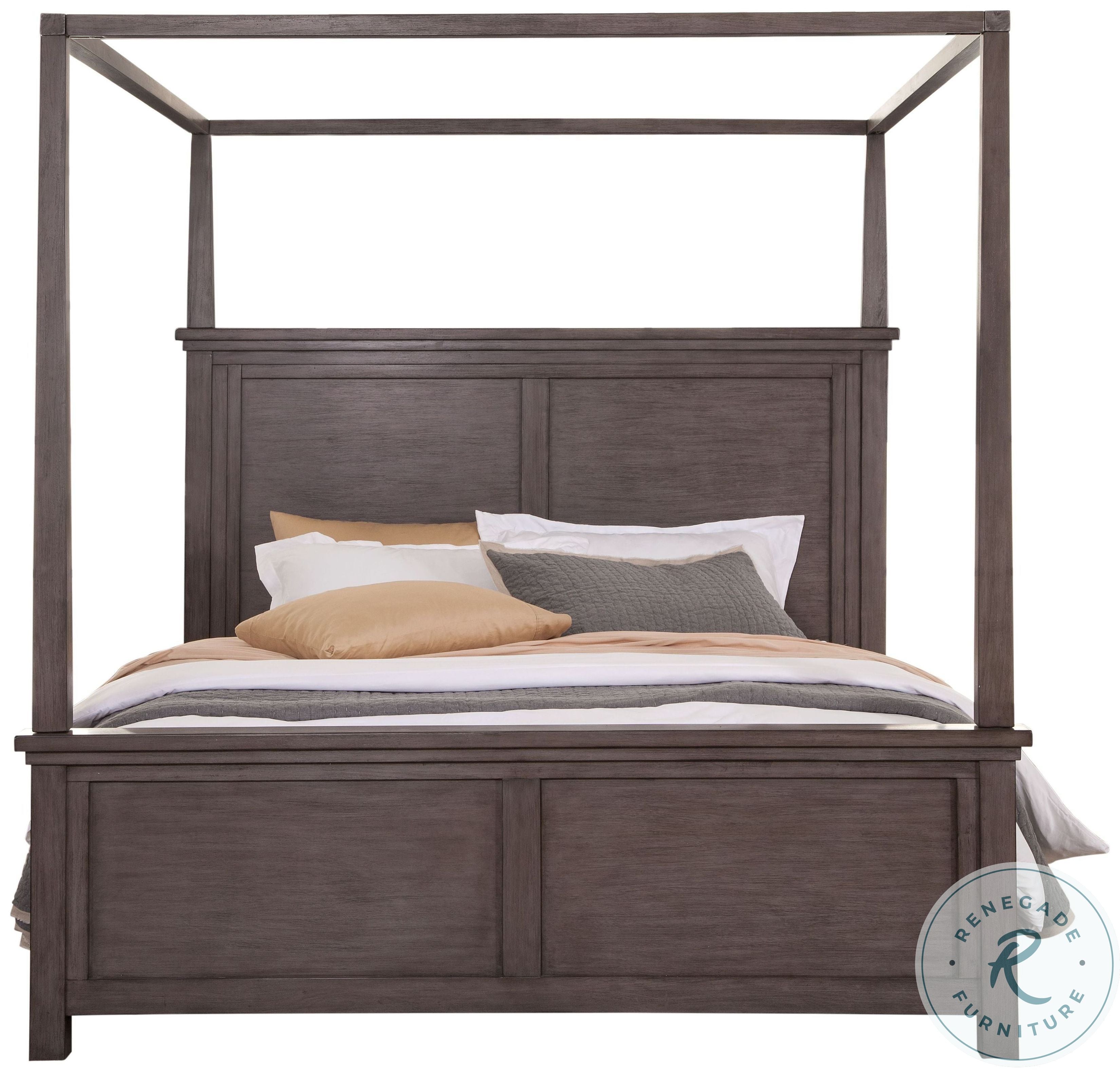 Modern Farmhouse Distressed Light Gray Queen Canopy Bed by Avalon Furniture