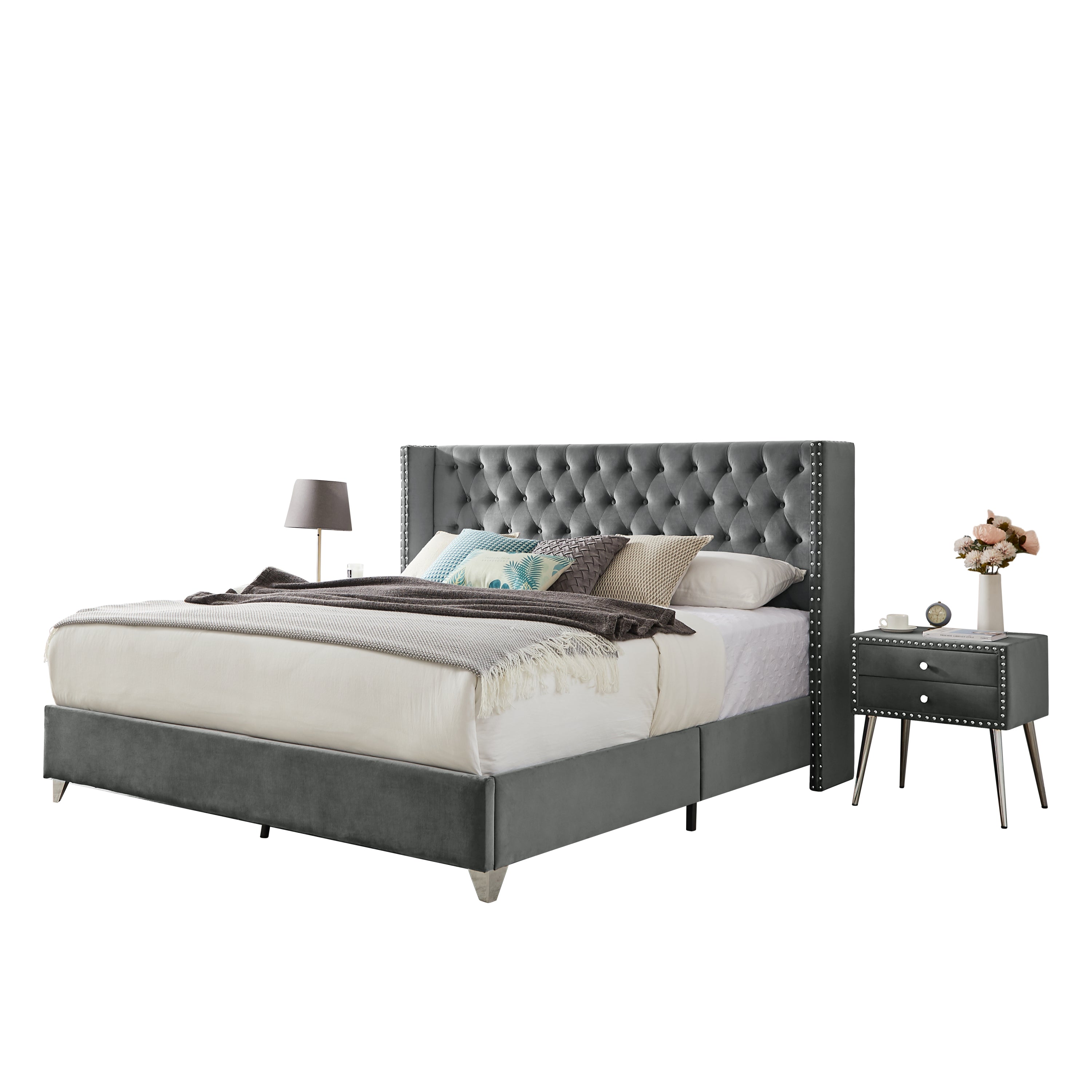 Velvet Headboard Bed with Wooden Slats & Two Nightstand By: Alabama Beds