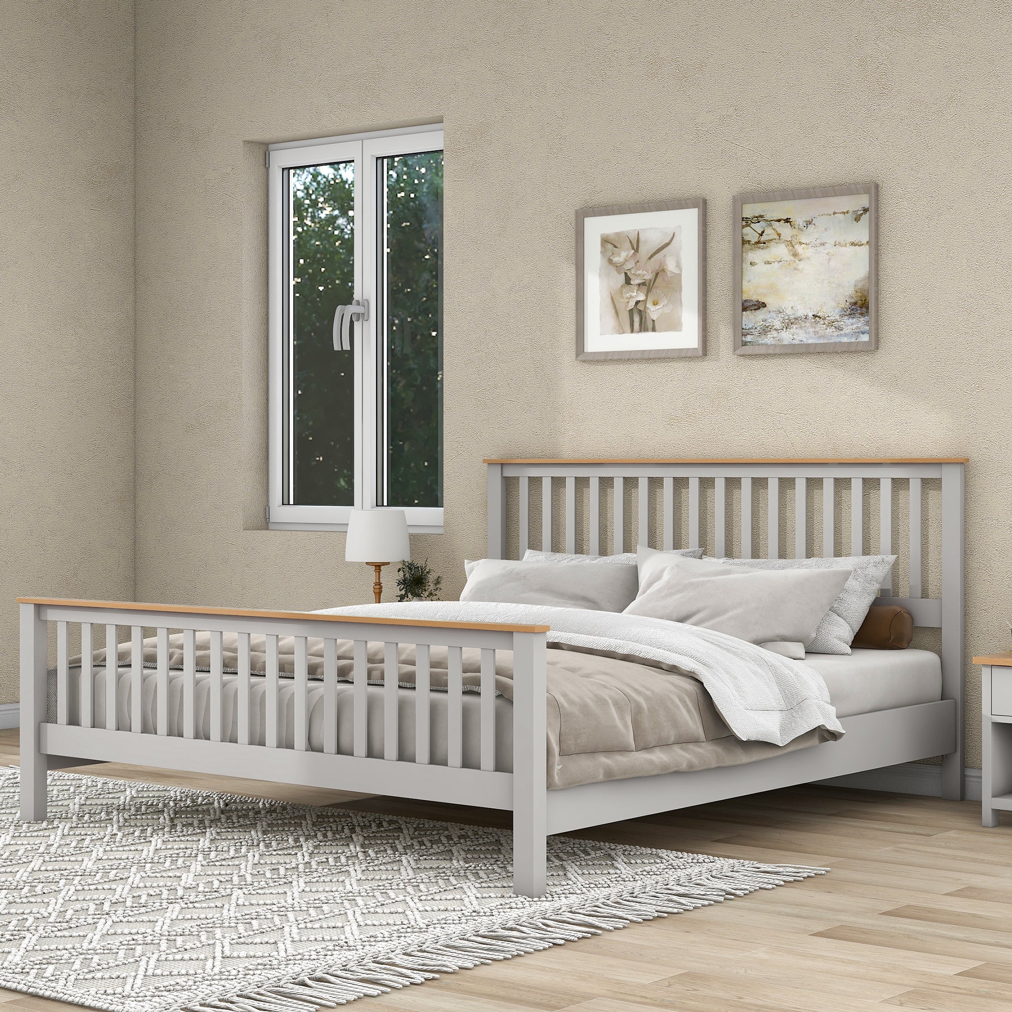 King Size Grey Platform Bed Frame with Oak Top By: Alabama Beds