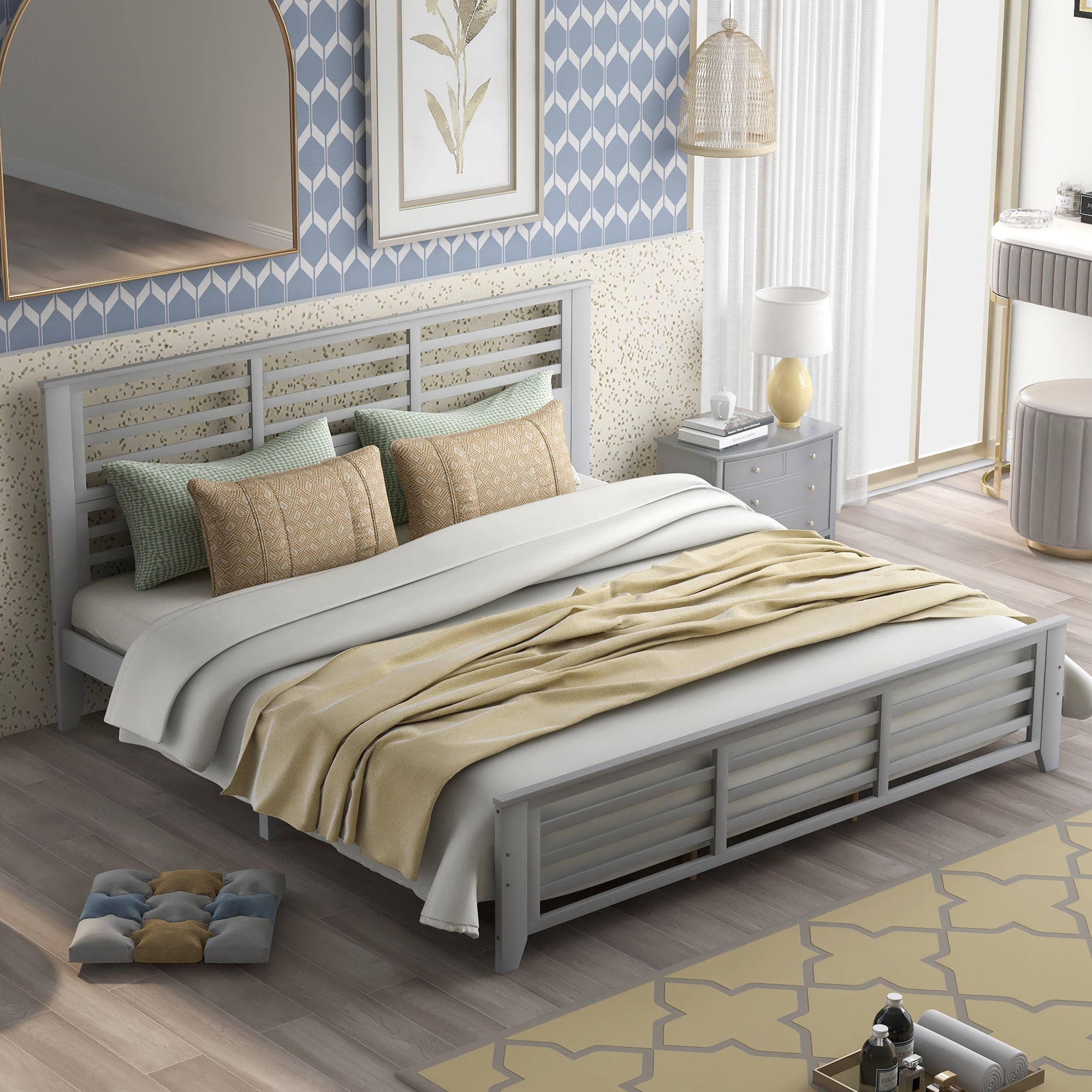 King Size Gray Platform Bed with Horizontal Strip Hollow Shape By: Alabama Beds