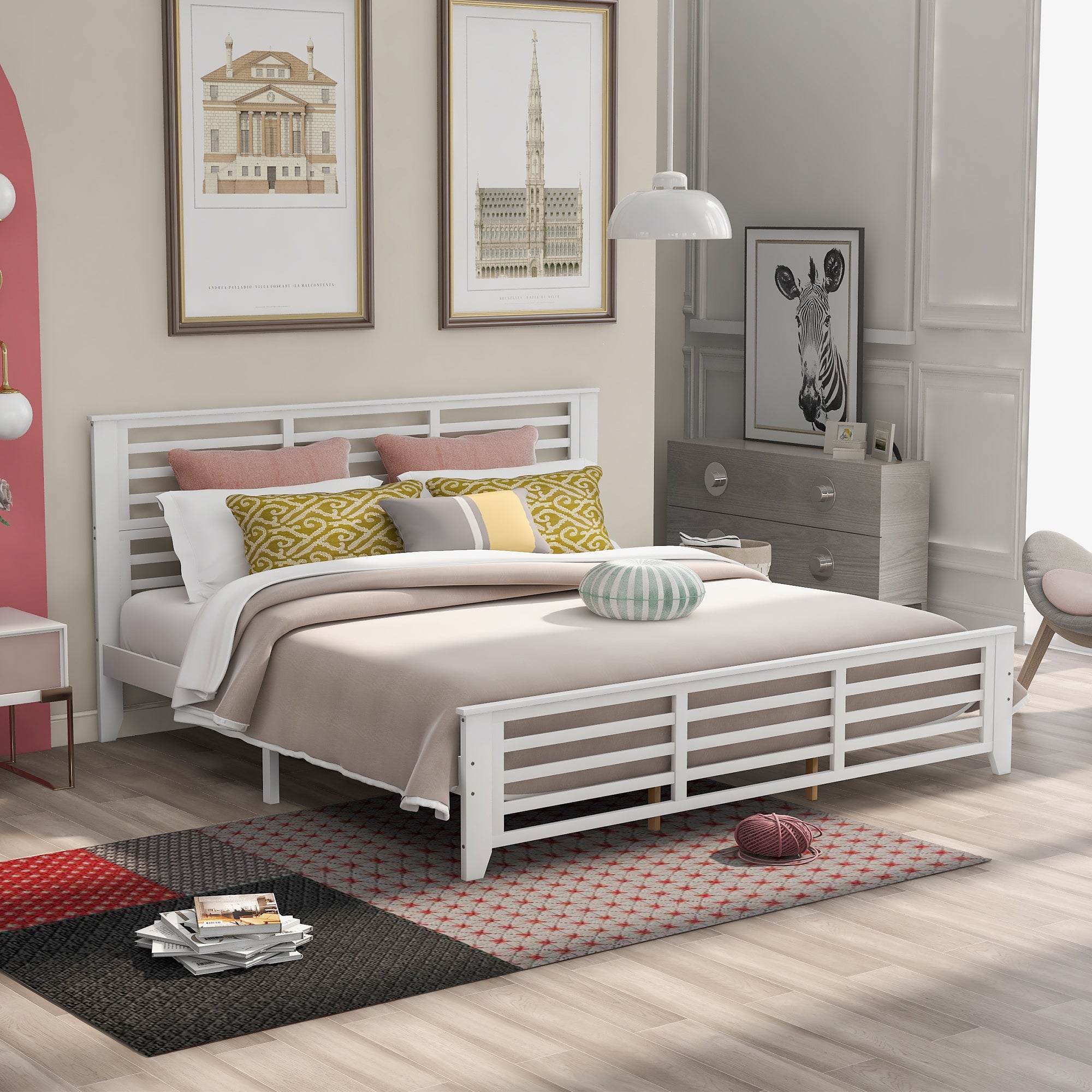 King Size Platform Bed with Horizontal Strip Hollow Shape | White By: Alabama Beds