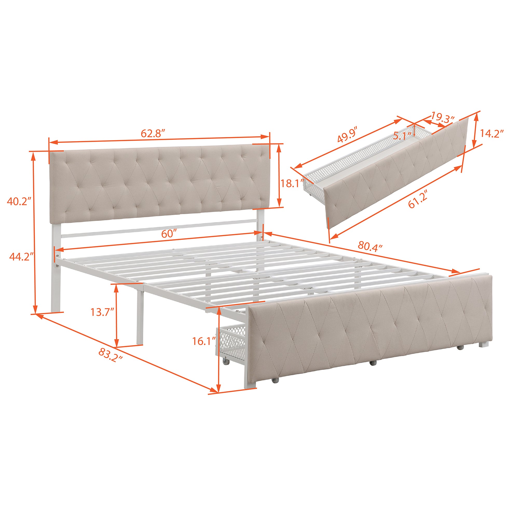 Queen Size Storage Metal Platform Bed with A Big Drawer - Beige By: Alabama Beds