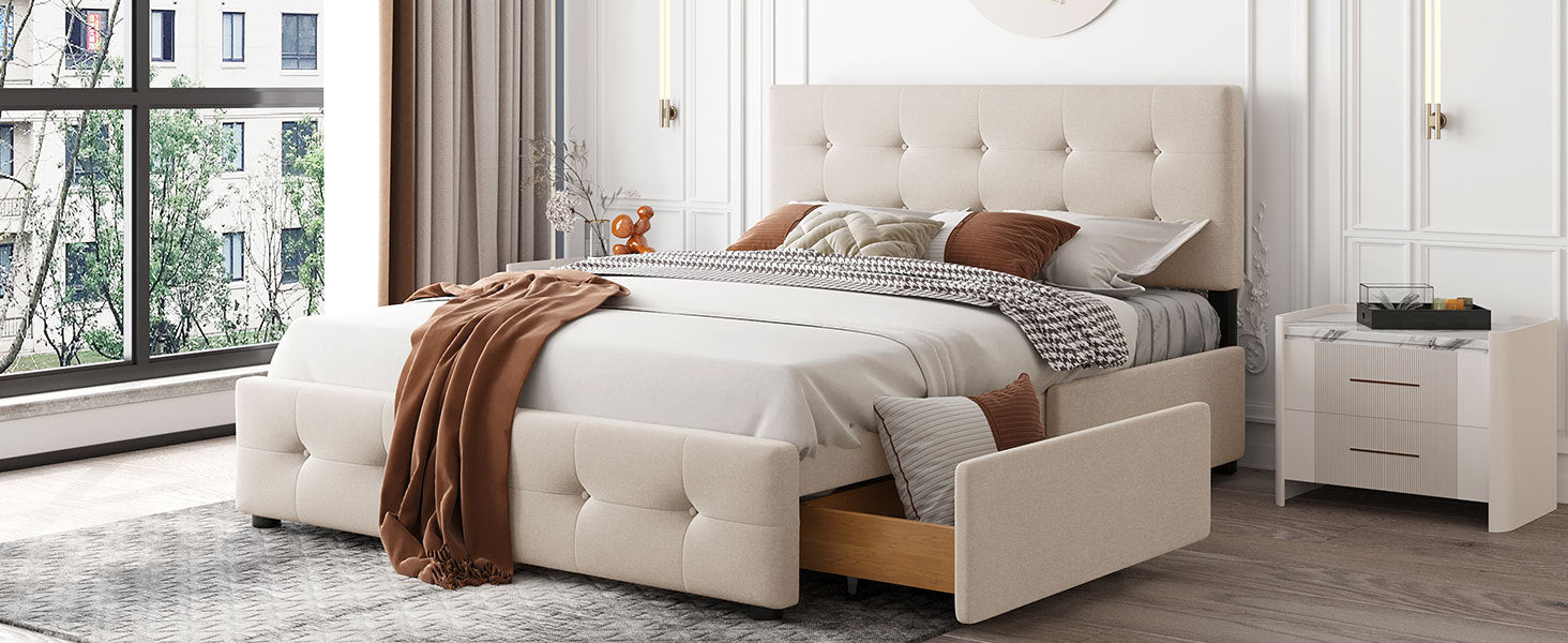 Upholstered Platform Queen Size Bed with Headboard and Drawers By: Alabama Beds