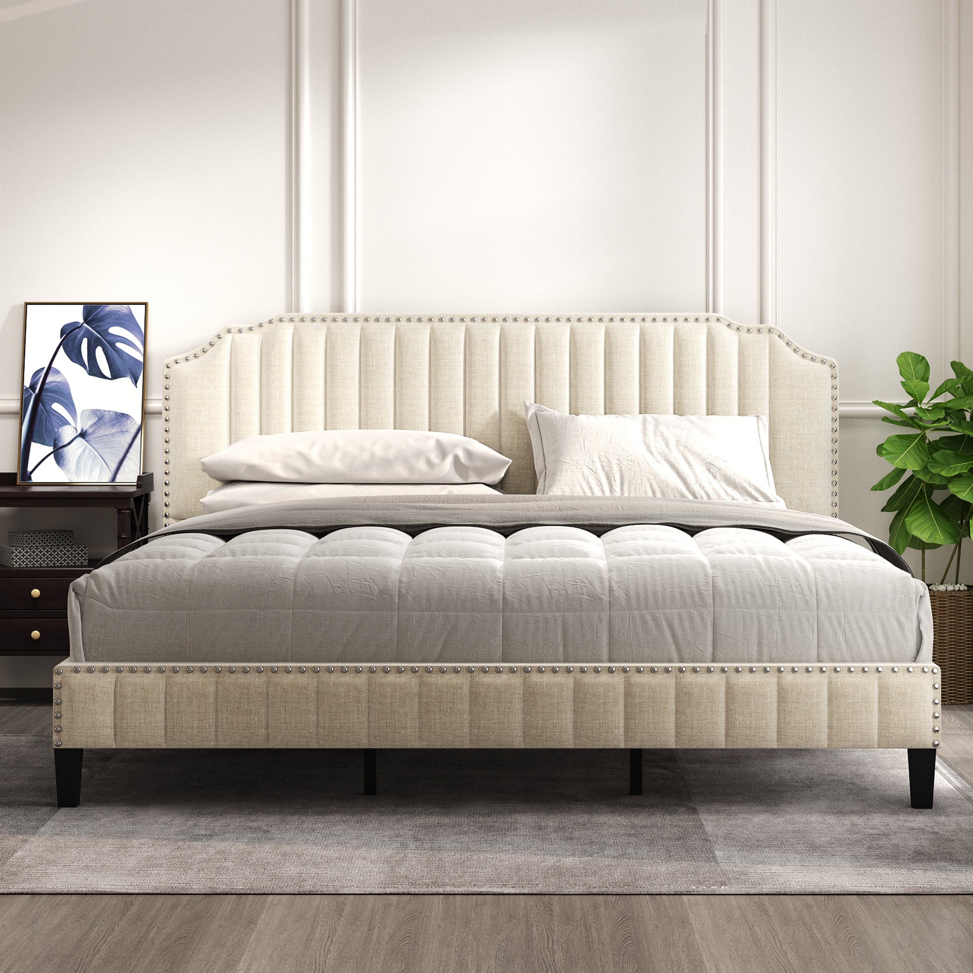 King Modern Linen Curved Solid Wood Platform Bed Frame | Cream By: Alabama Beds