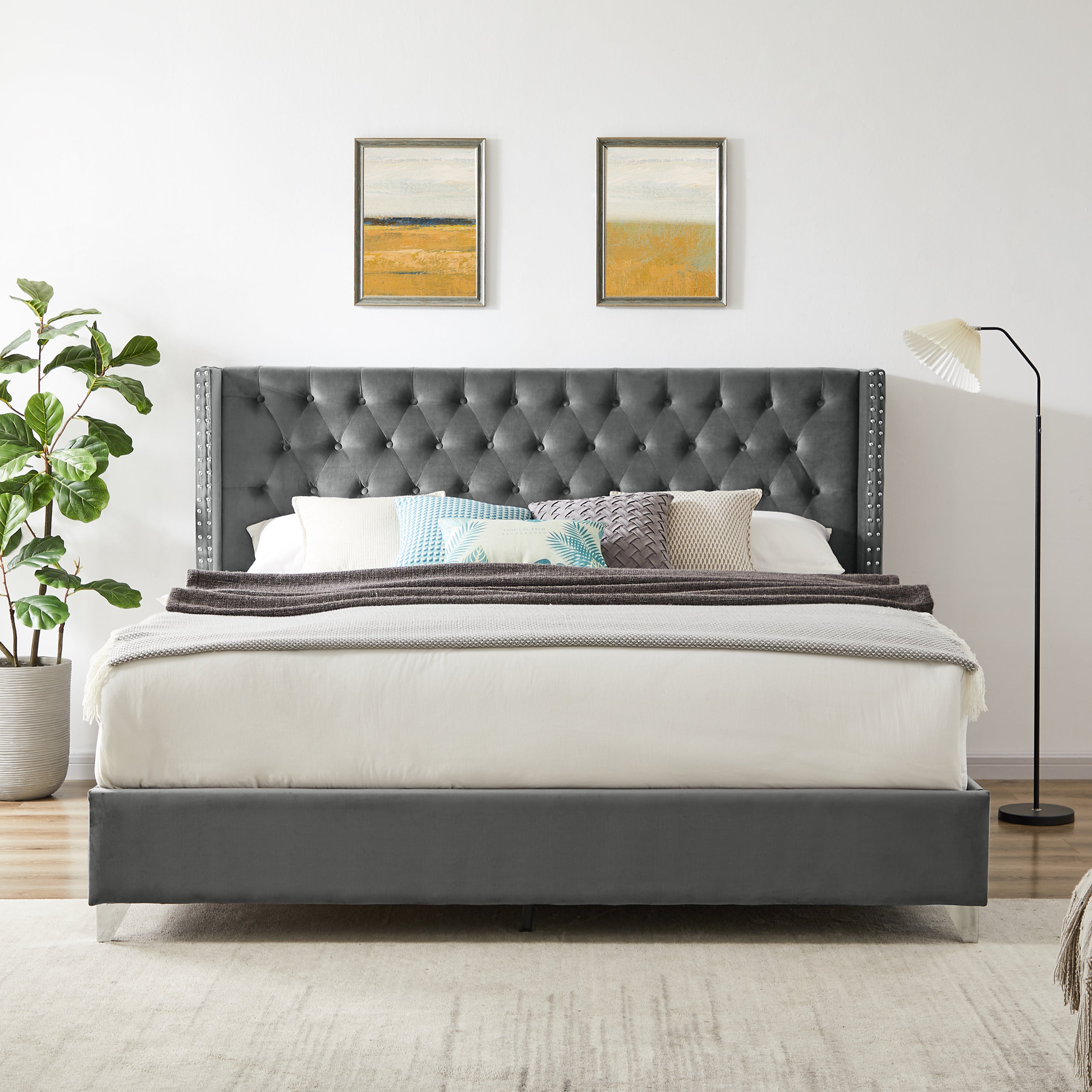 King Size Designer Grey Velvet Headboard Bed By: Alabama Beds