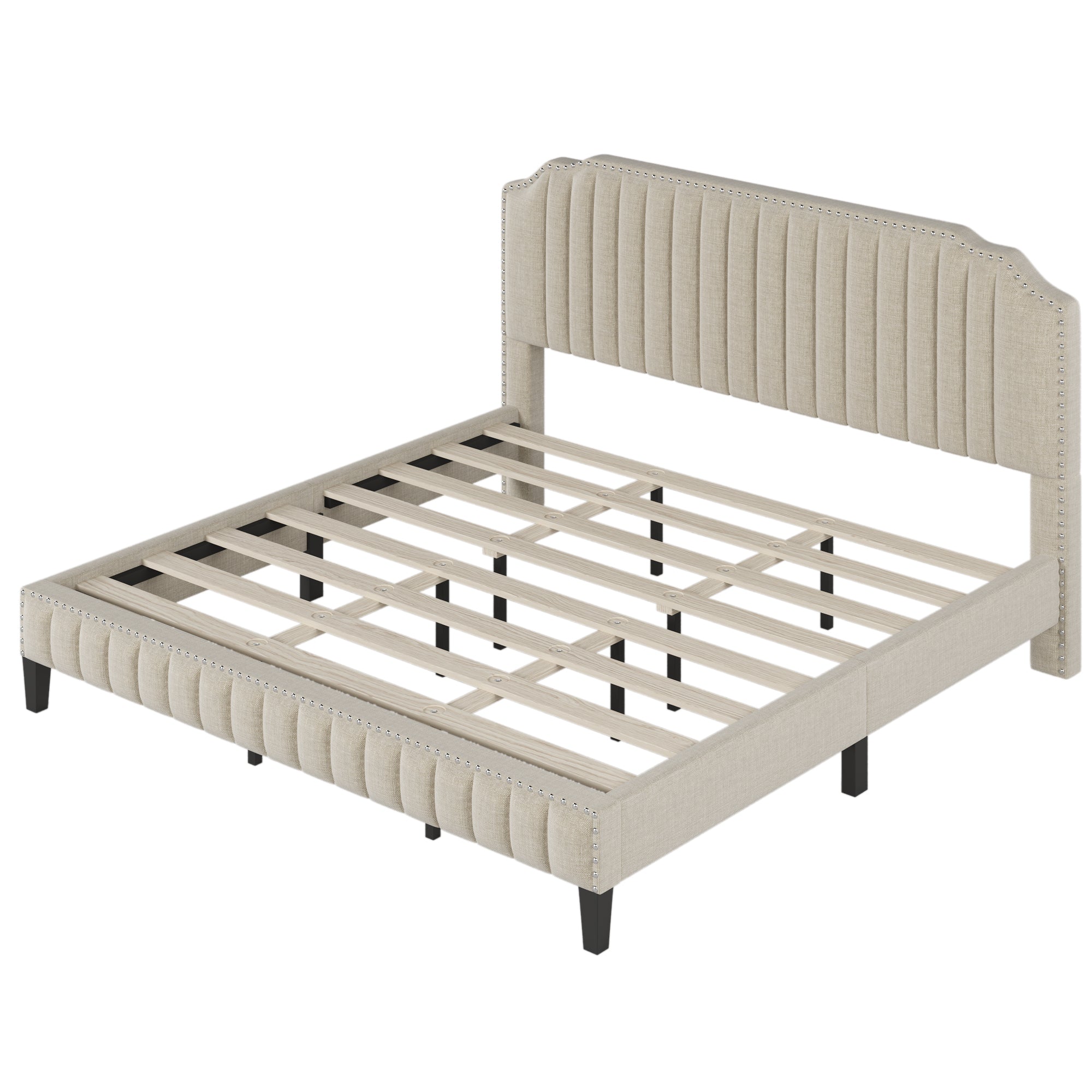Modern Linen Curved Upholstered Platform Bed , Solid Wood Frame , Nailhead Trim, Cream (King)