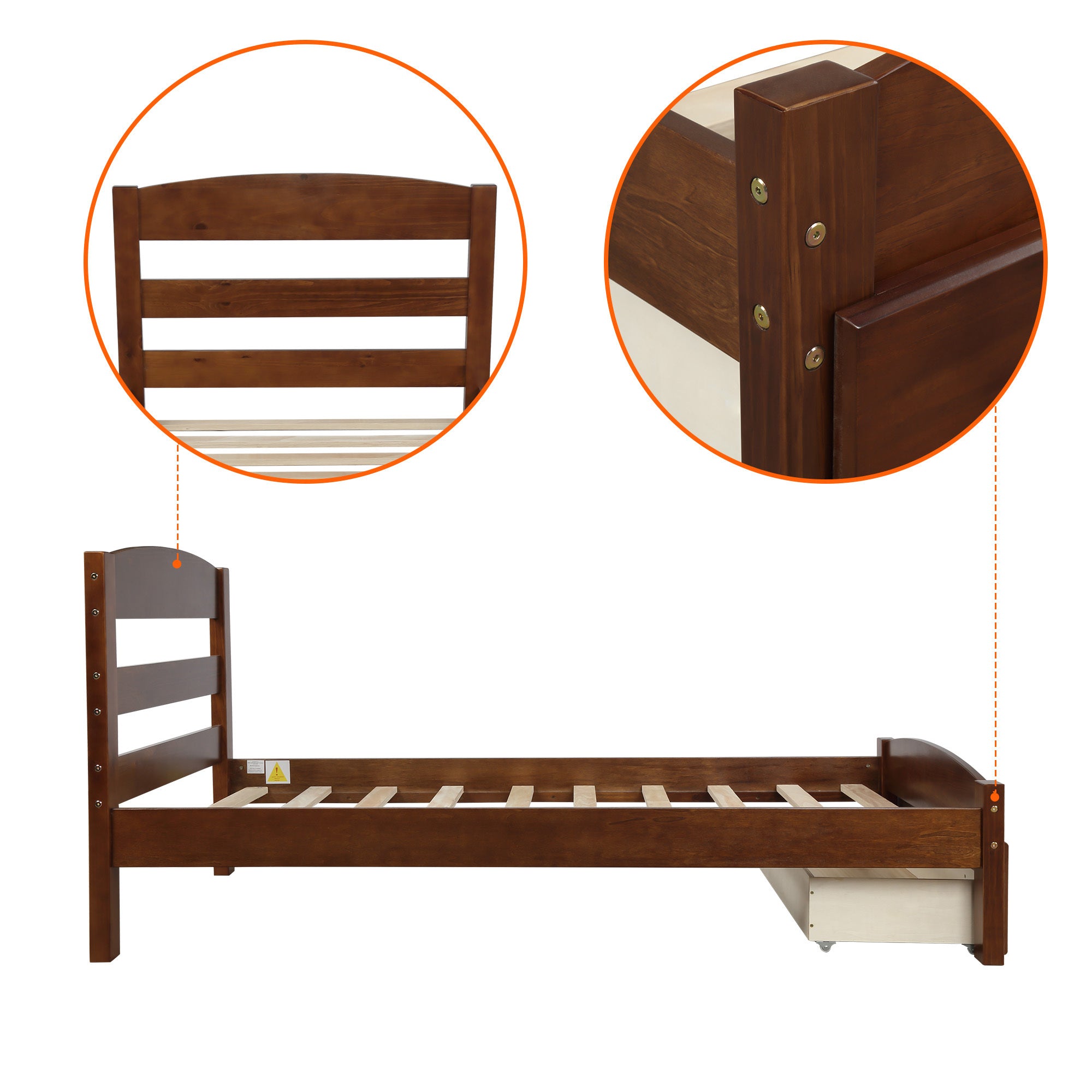 Twin Platform Bed Frame with Storage Drawer - Walnut By: Alabama Beds