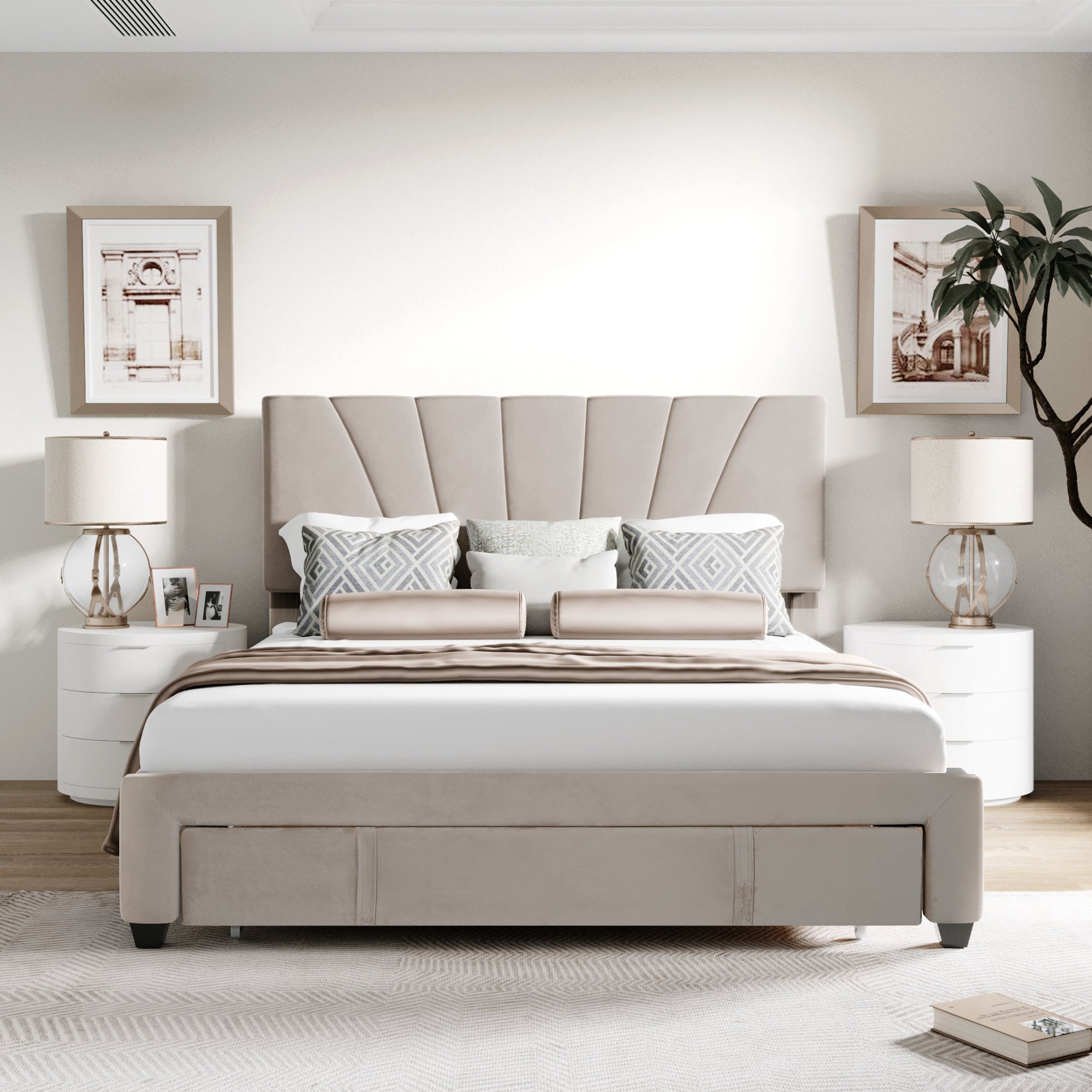 Queen Size Storage Velvet Upholstered Platform Bed | Beige By: Alabama Beds