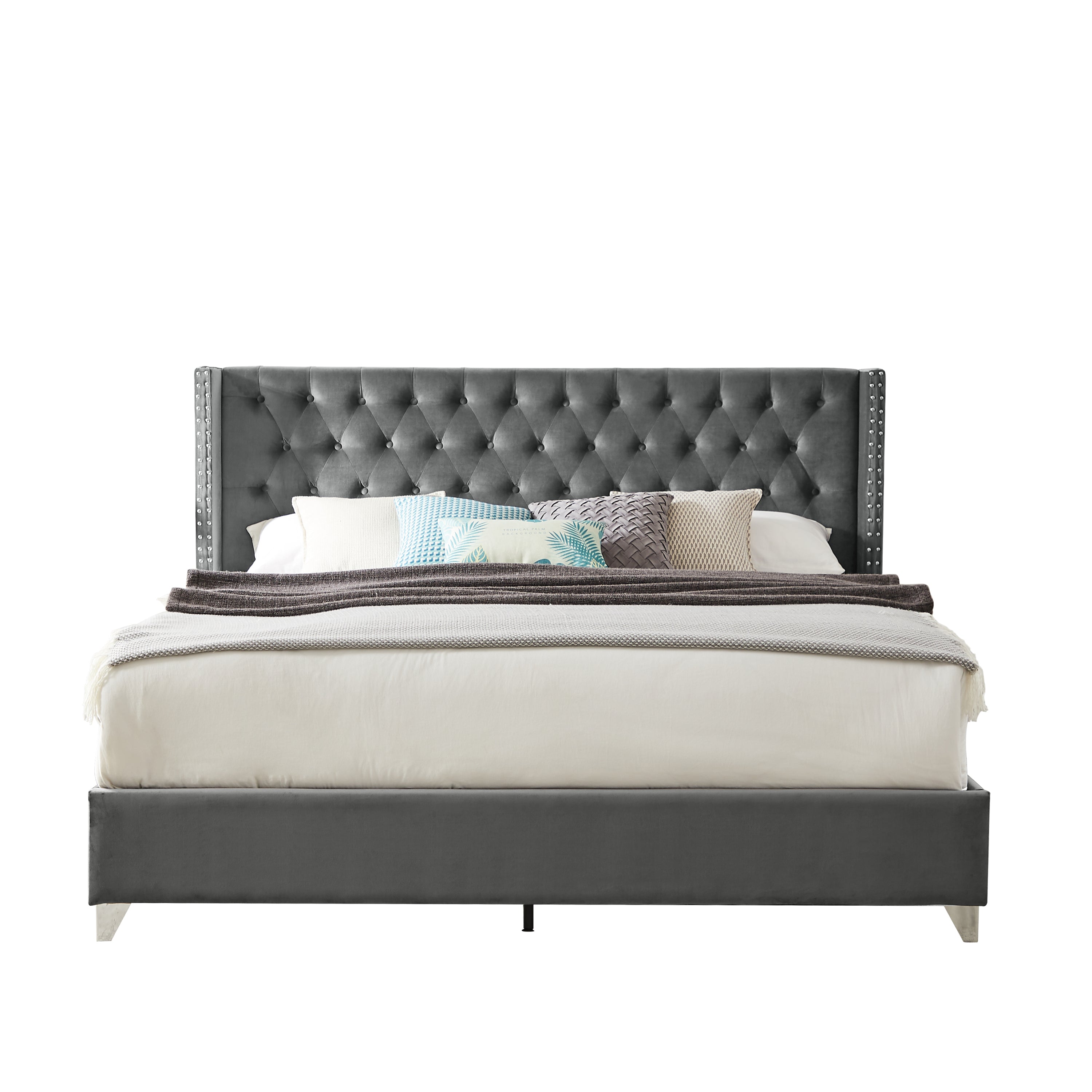 King Size Designer Grey Velvet Headboard Bed By: Alabama Beds