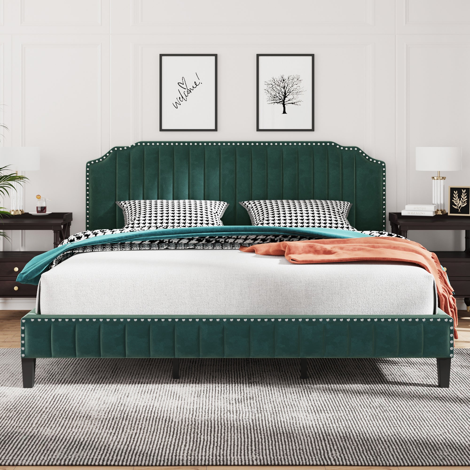 King Size Modern Green Velvet Upholstered Platform Bed Frame By: Alabama Beds