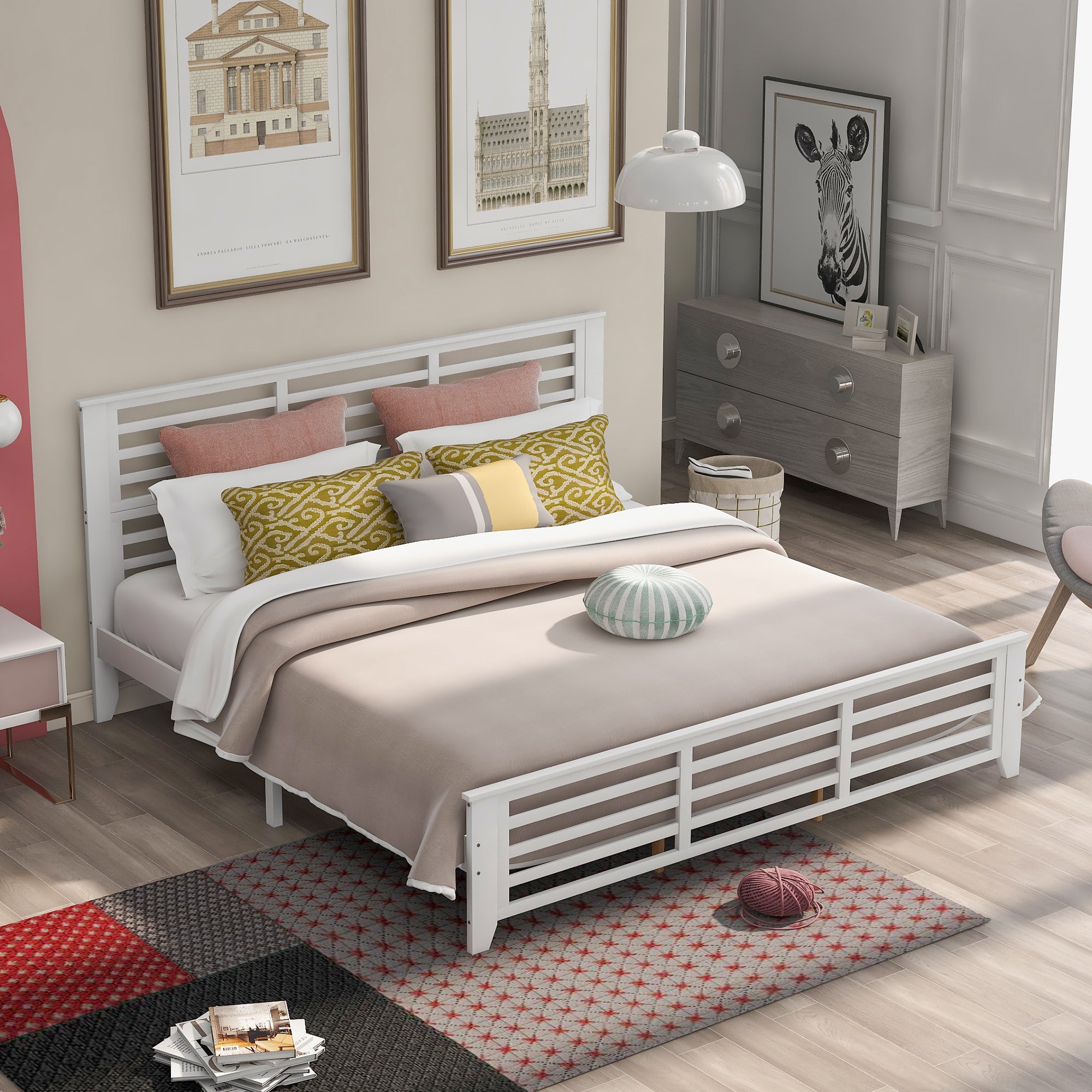 King Size Platform Bed with Horizontal Strip Hollow Shape | White By: Alabama Beds