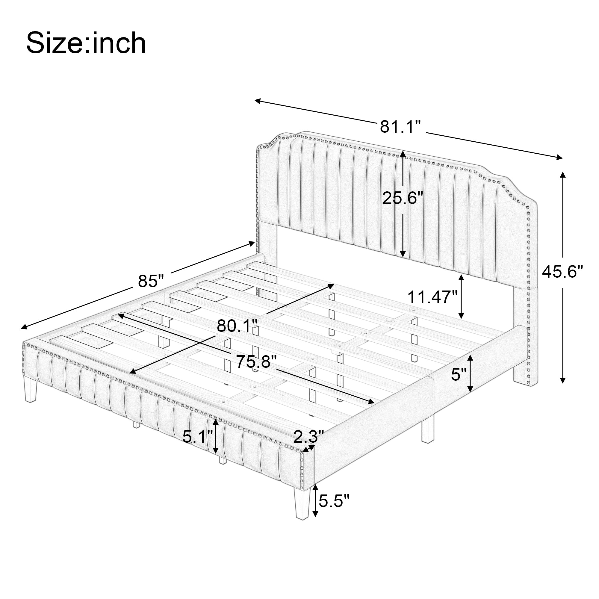 King Modern Linen Curved Solid Wood Platform Bed Frame | Cream By: Alabama Beds