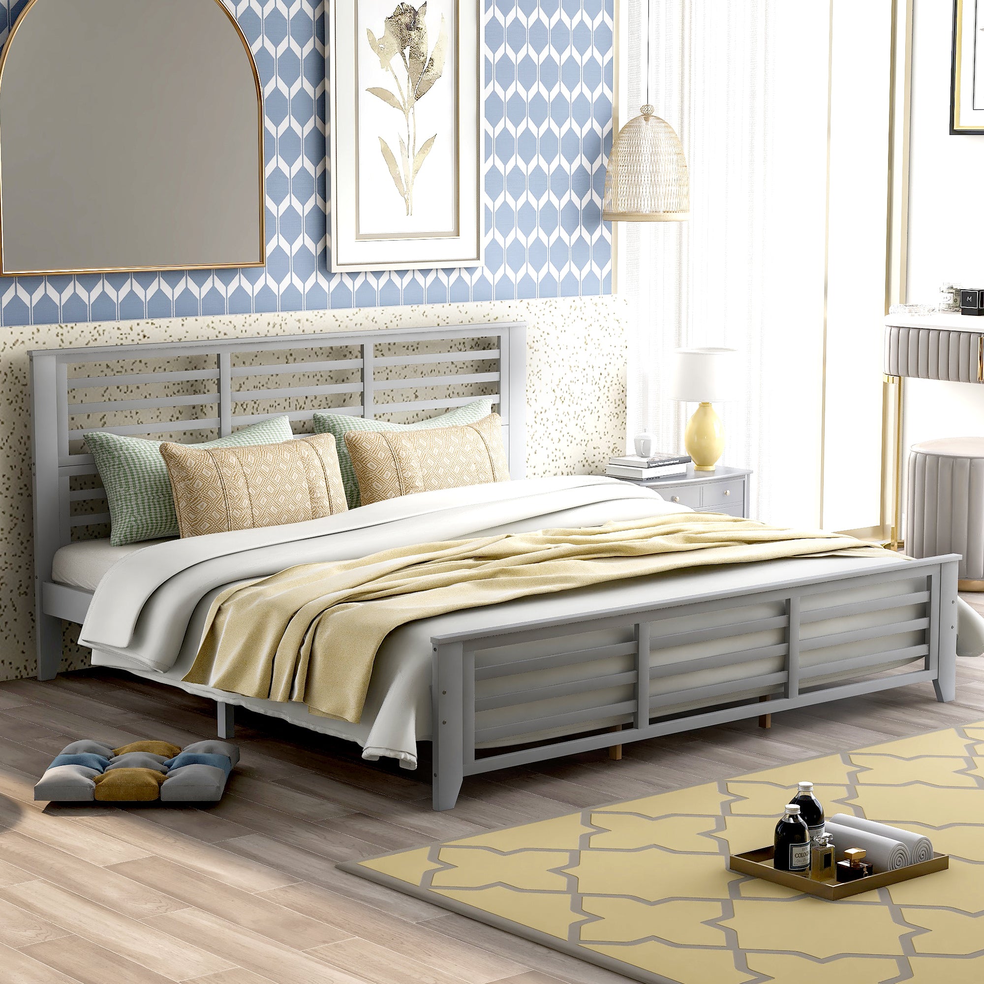 King Size Gray Platform Bed with Horizontal Strip Hollow Shape By: Alabama Beds