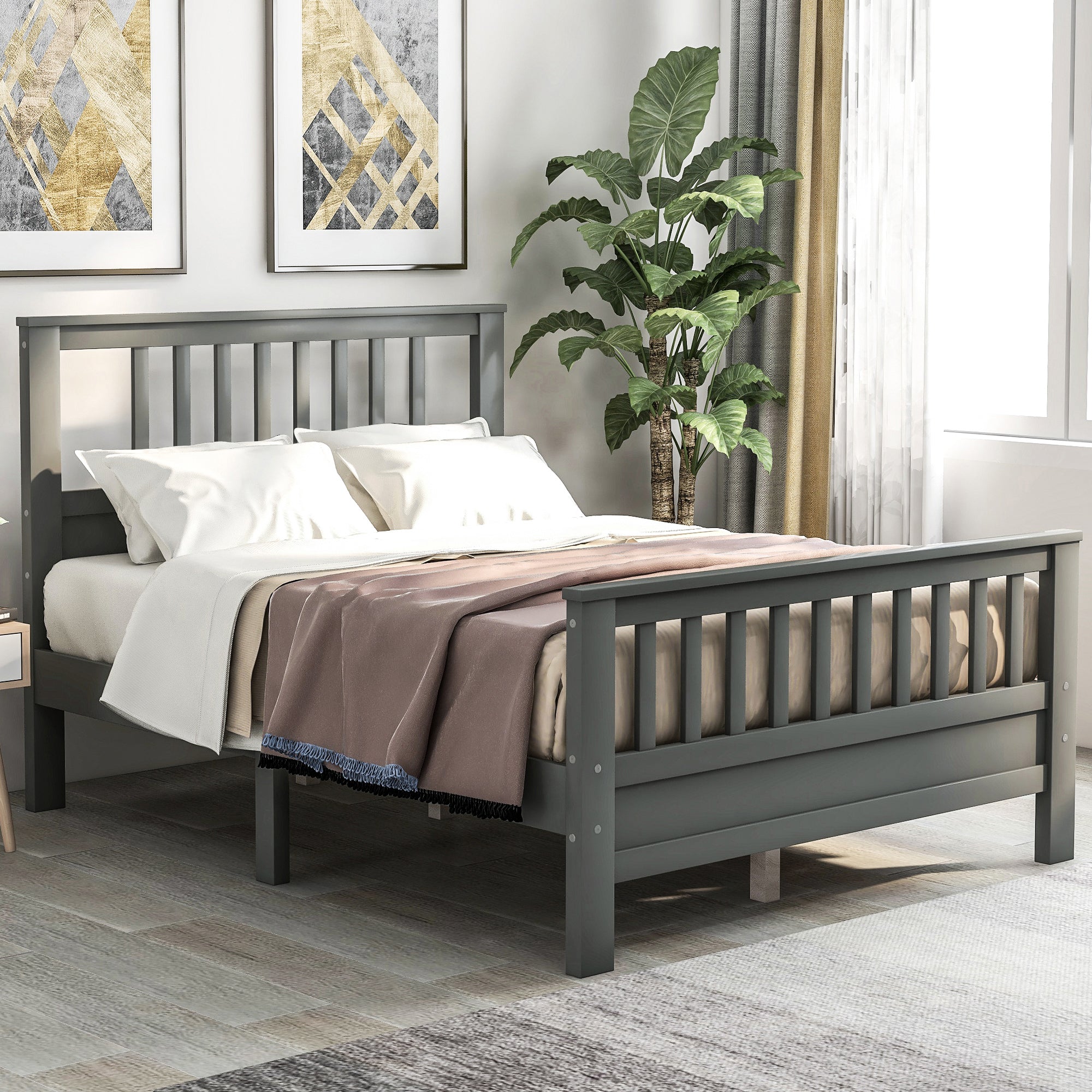 Wooden Platform Bed with Headboard and Footboard in Gray by: Alabama Beds