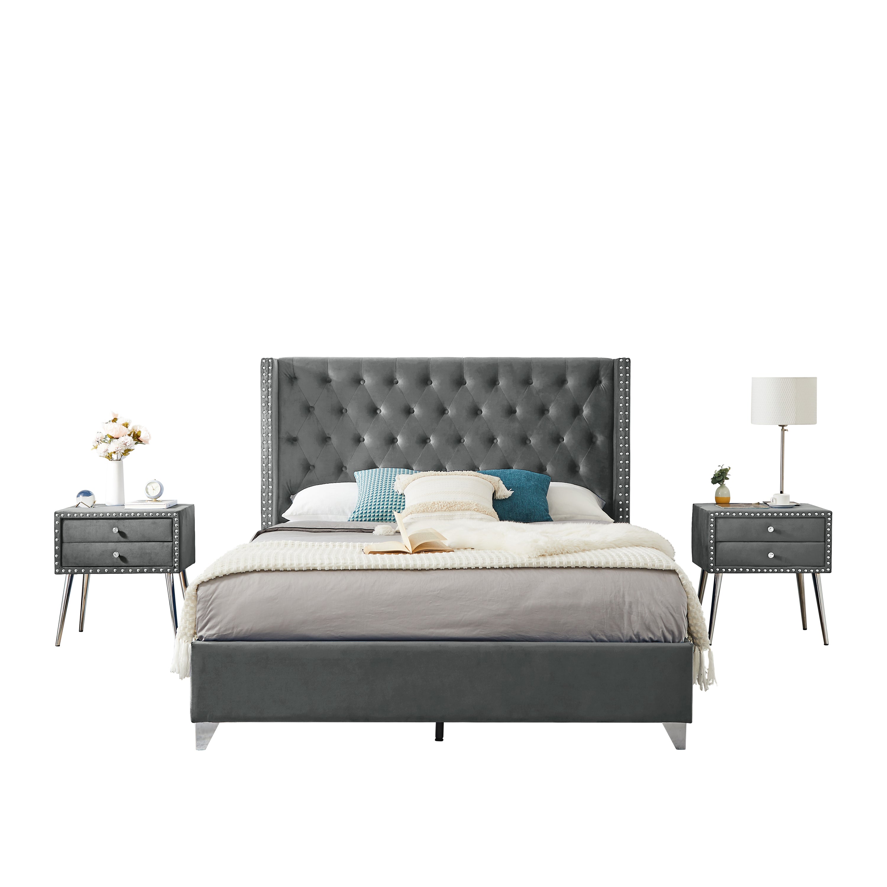 Queen Headboard Bed with Nightstand and Wooden Slats By: Alabama Beds