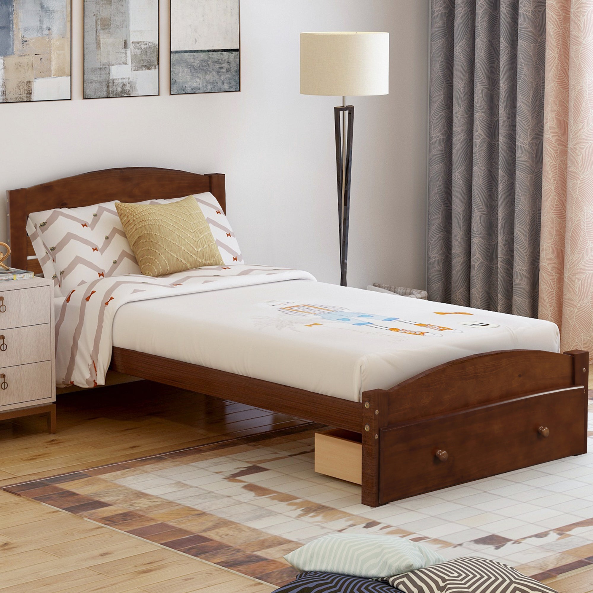 Twin Platform Bed Frame with Storage Drawer - Walnut By: Alabama Beds