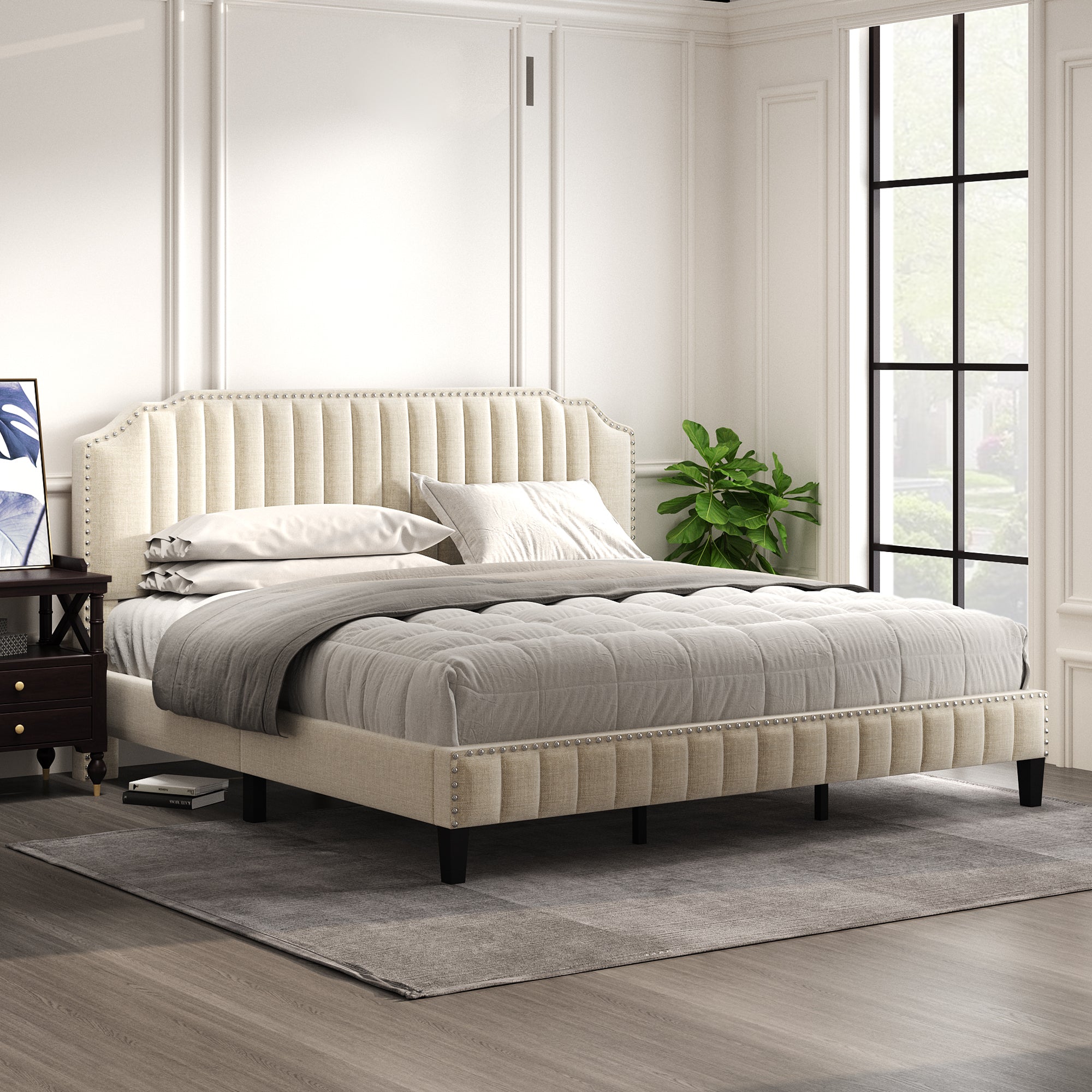 King Modern Linen Curved Solid Wood Platform Bed Frame | Cream By: Alabama Beds