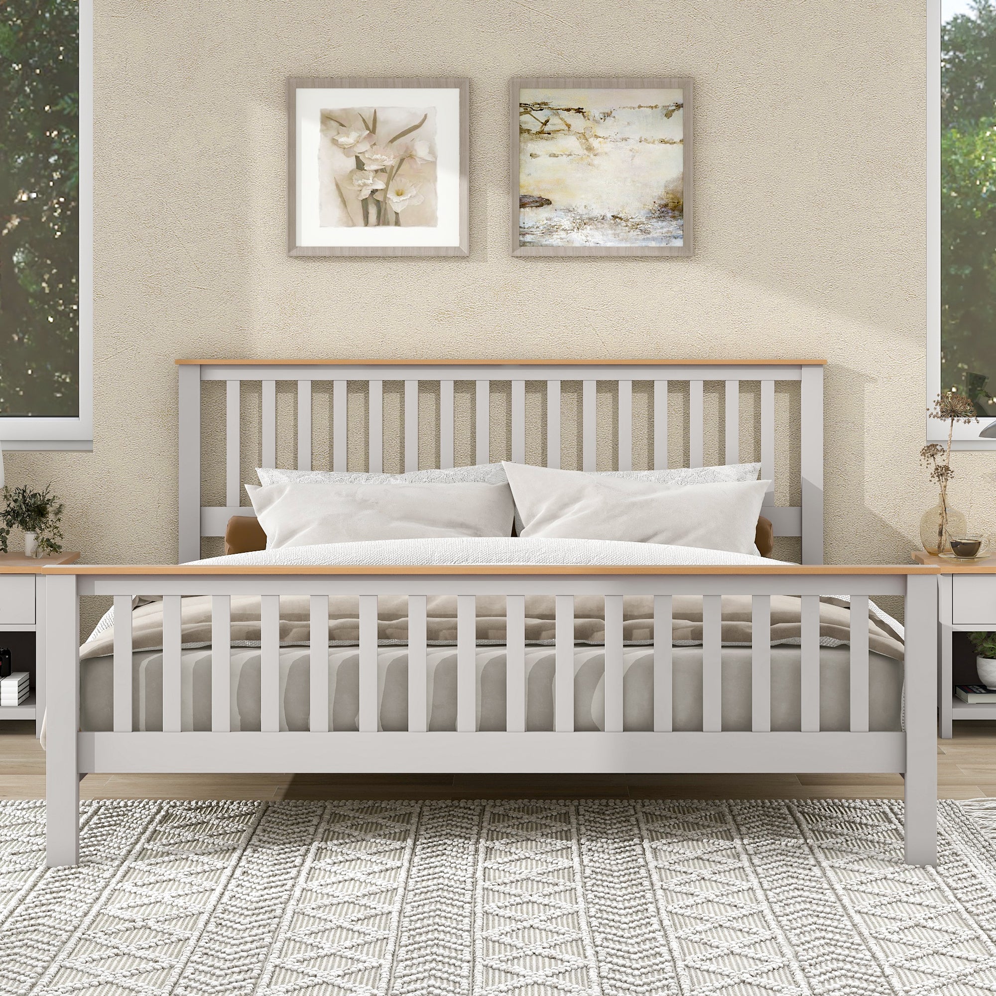 King Size Grey Platform Bed Frame with Oak Top By: Alabama Beds