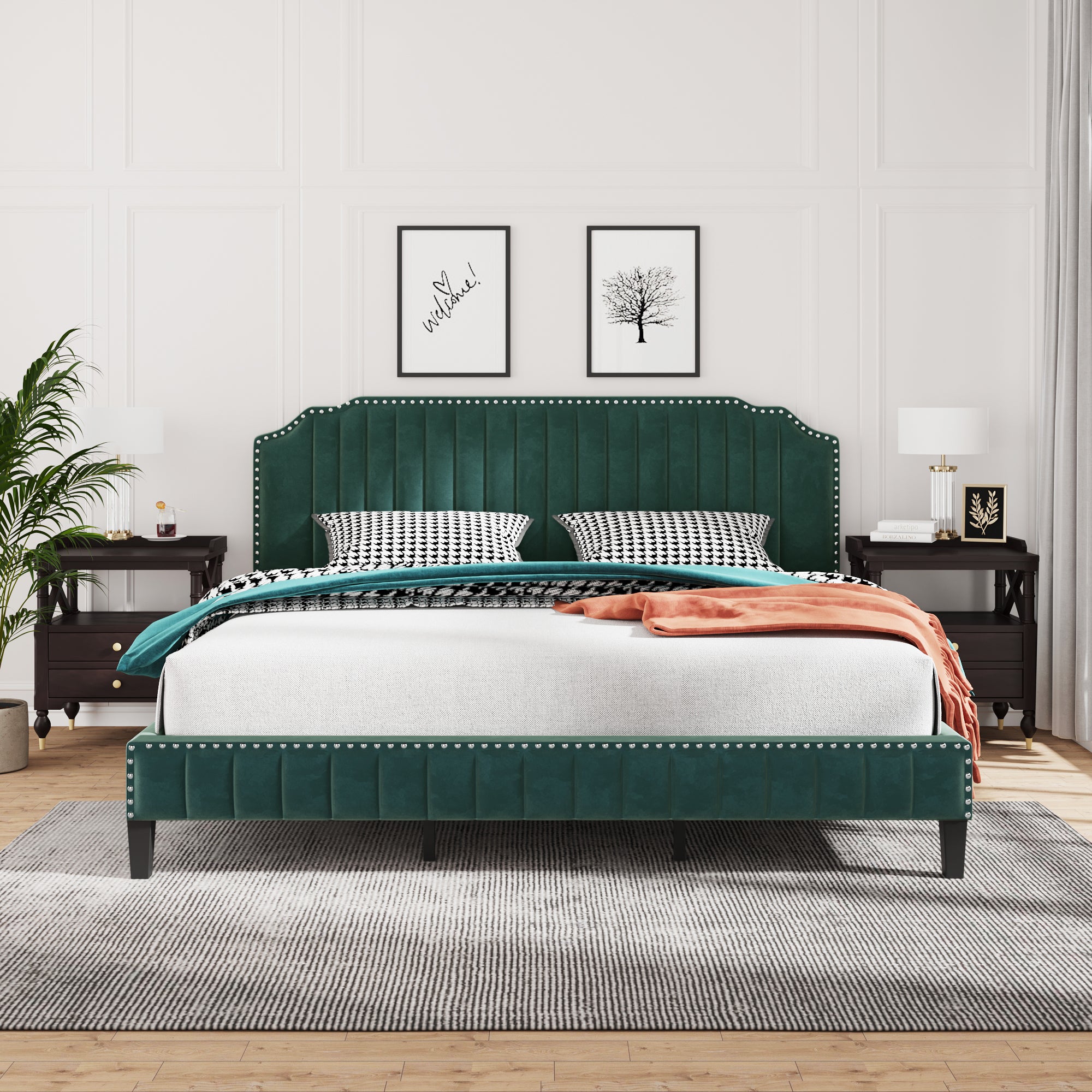 King Size Modern Green Velvet Upholstered Platform Bed Frame By: Alabama Beds