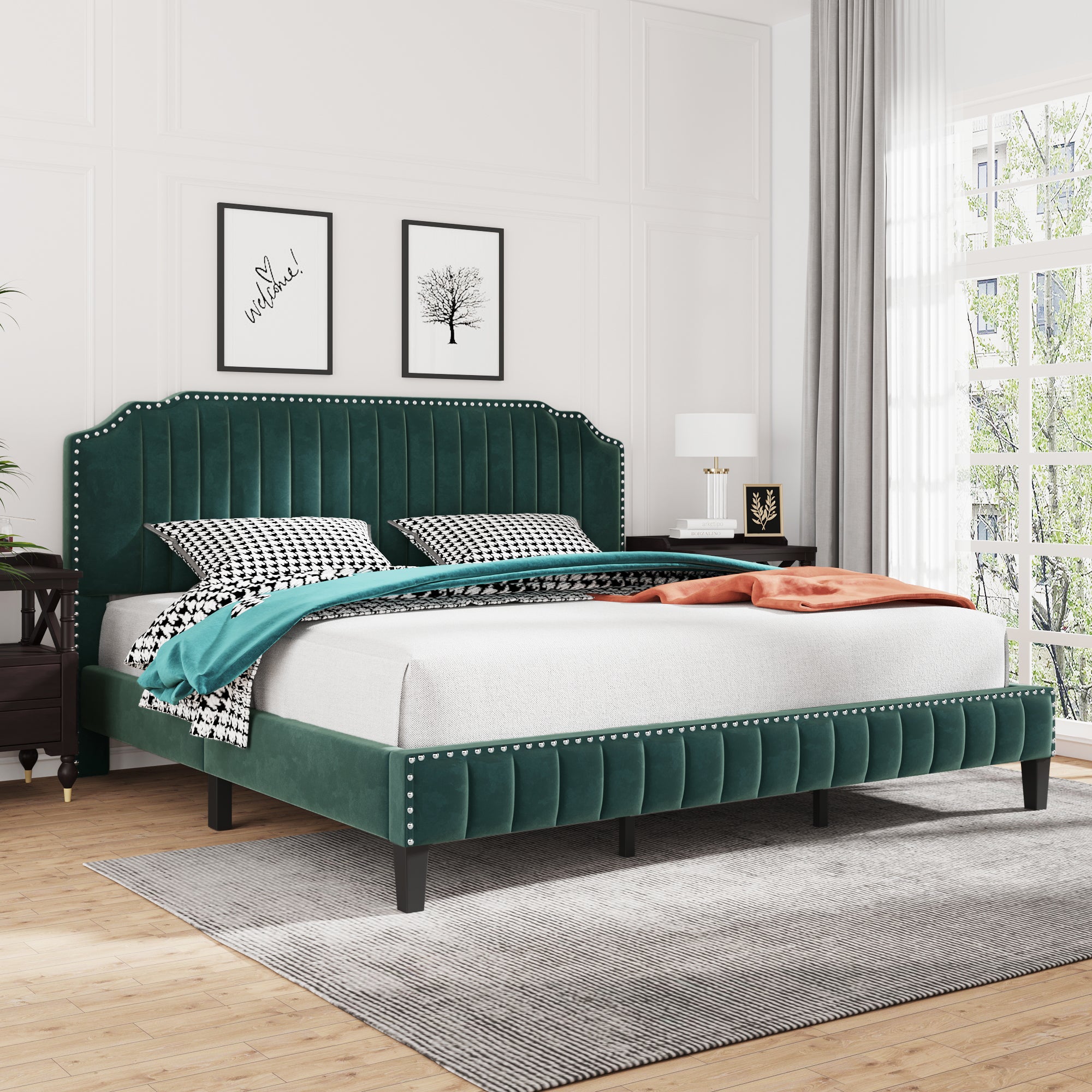 King Size Modern Green Velvet Upholstered Platform Bed Frame By: Alabama Beds