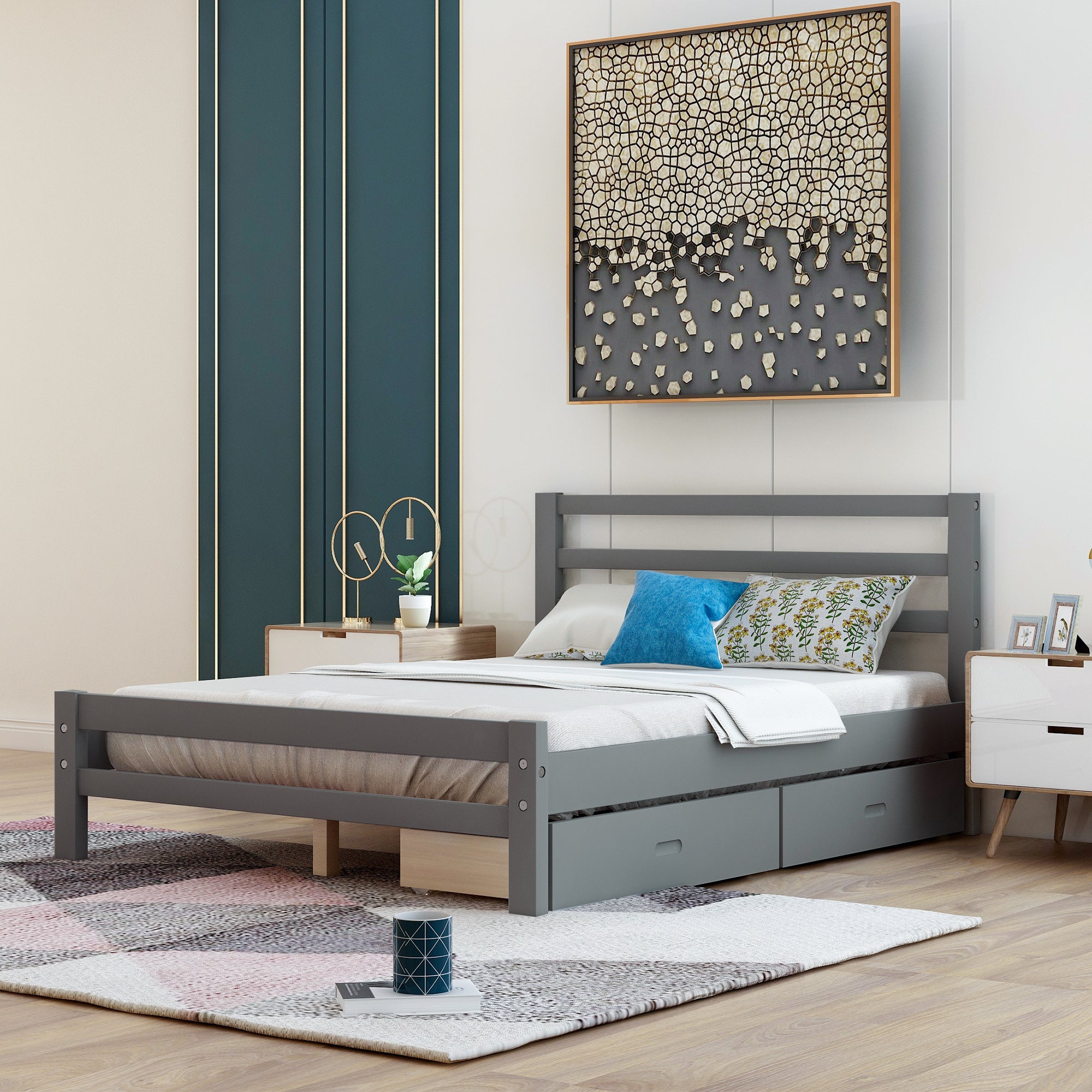 Full Size Wood Platform Bed with Two Drawers - Gray by: Alabama Beds