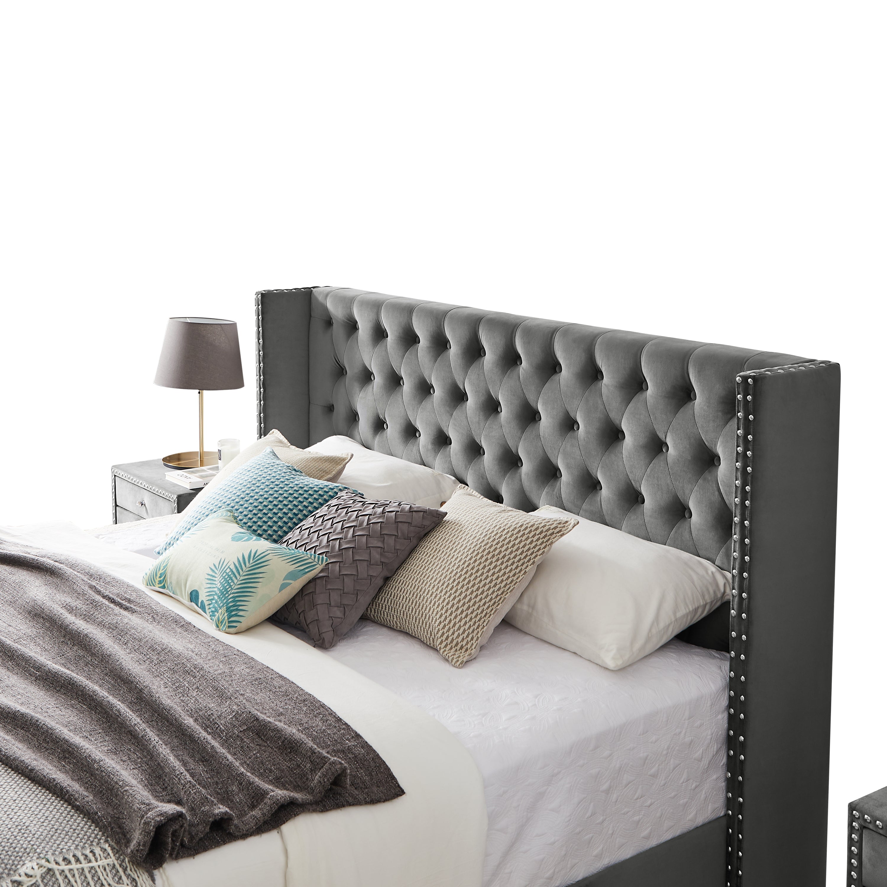 King Velvet Headboard Wooden Slats Beds with Nightstand By: Alabama Beds