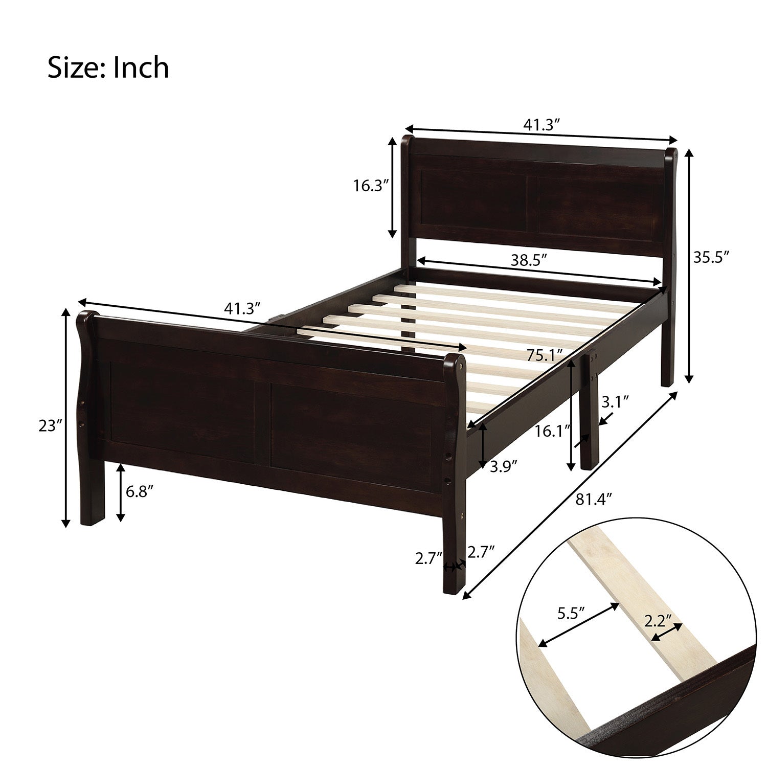 Twin Wood Platform Sleigh Bed Frame with Headboard and Footboard By: Alabama Beds