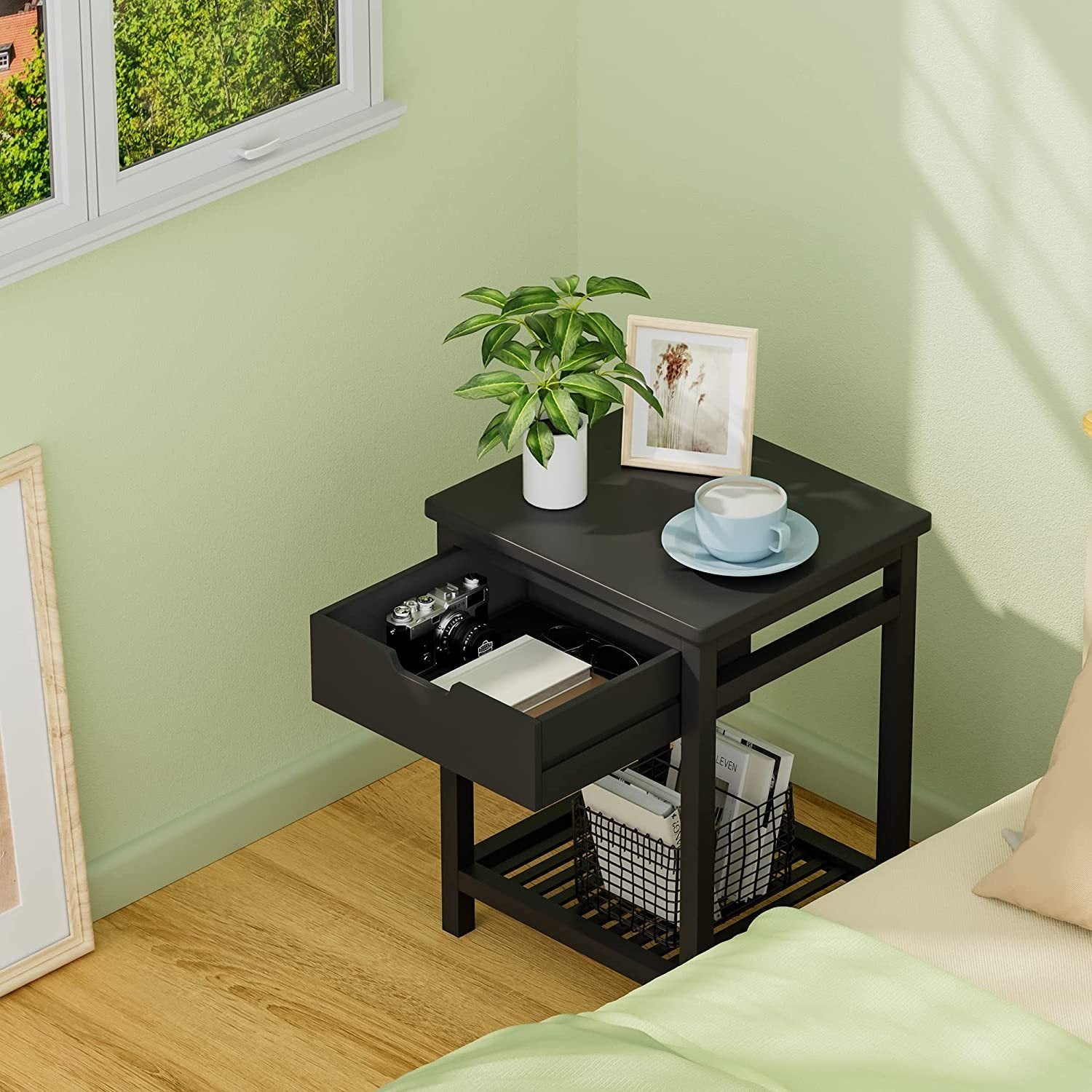 Black Square Bedside End Table with Drawer By: Alabama Beds