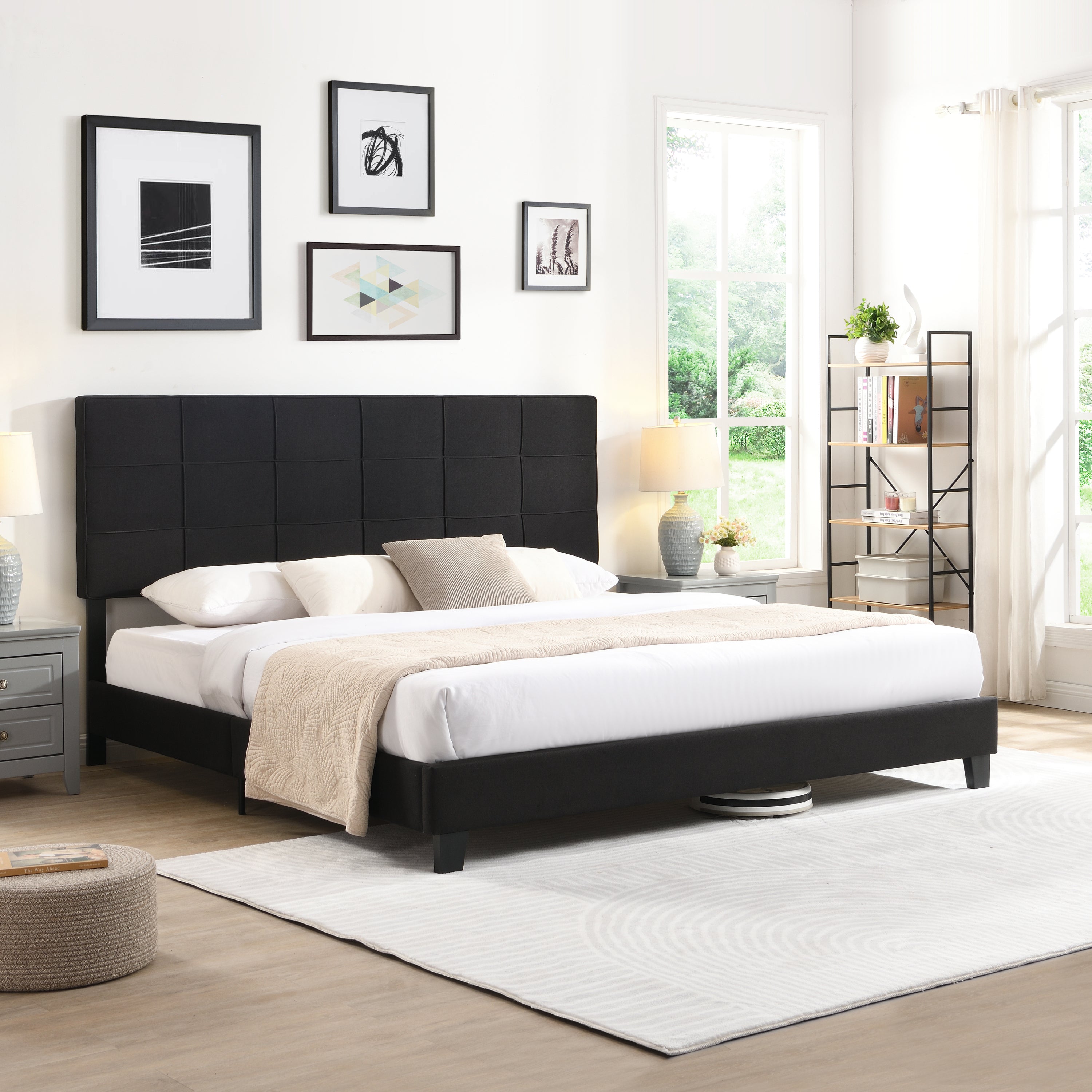 King Size Platform Bed Frame with Black Linen Fabric Headboard By: Alabama Beds