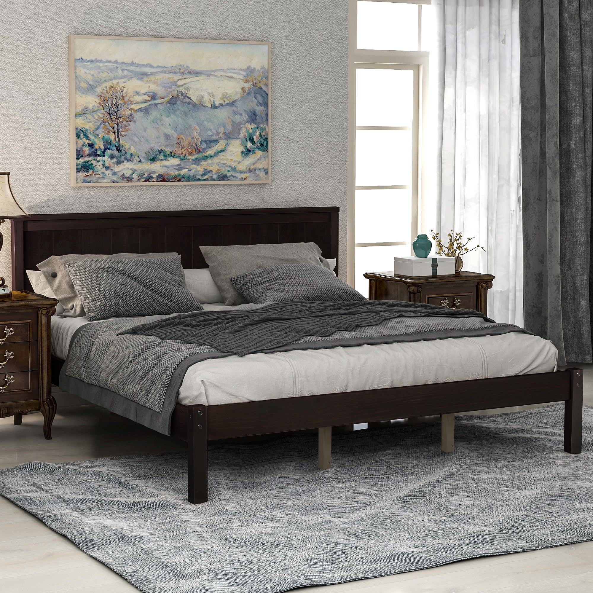 Queen Size Espresso Platform Bed Frame with Headboard By: Alabama Beds