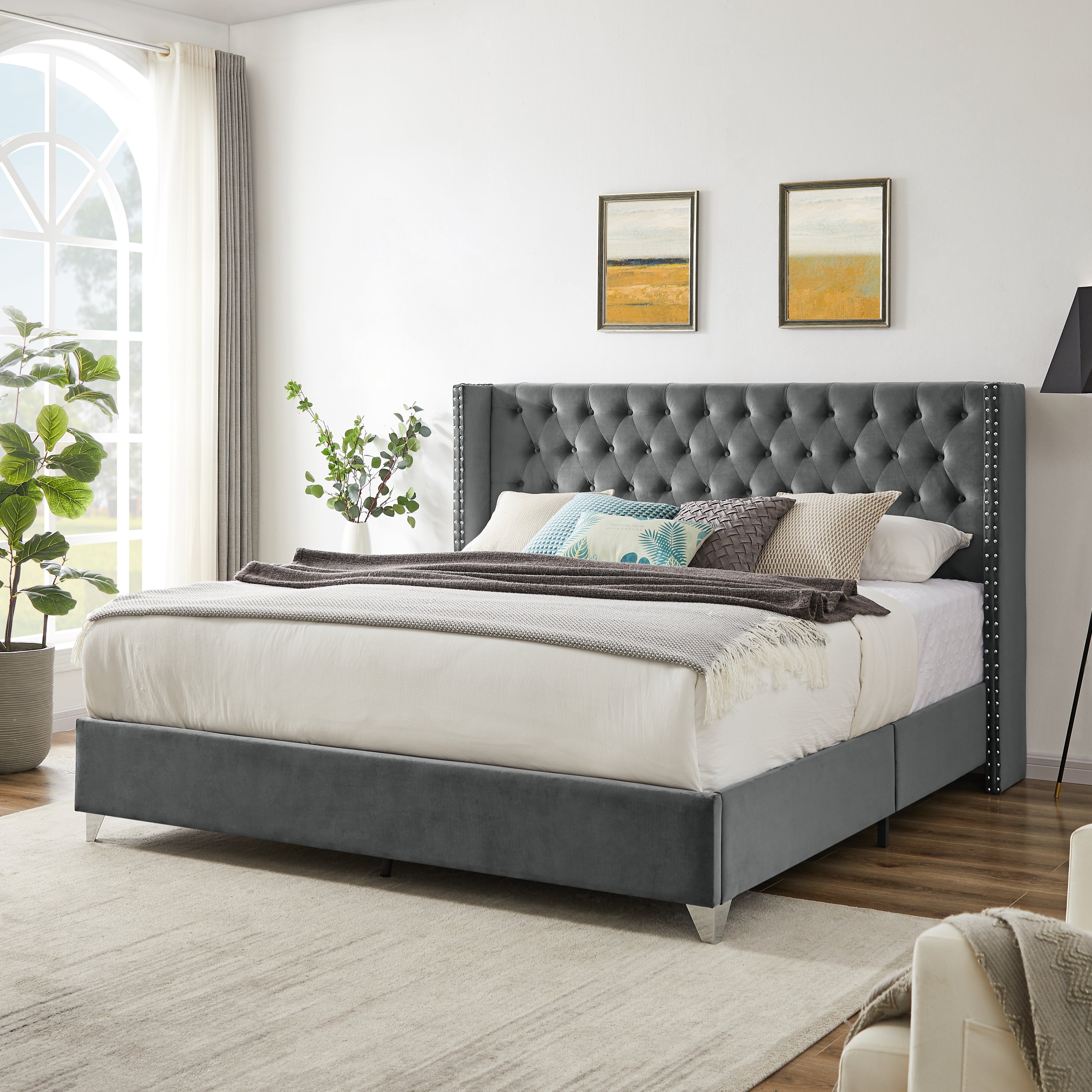 King Size Designer Grey Velvet Headboard Bed By: Alabama Beds