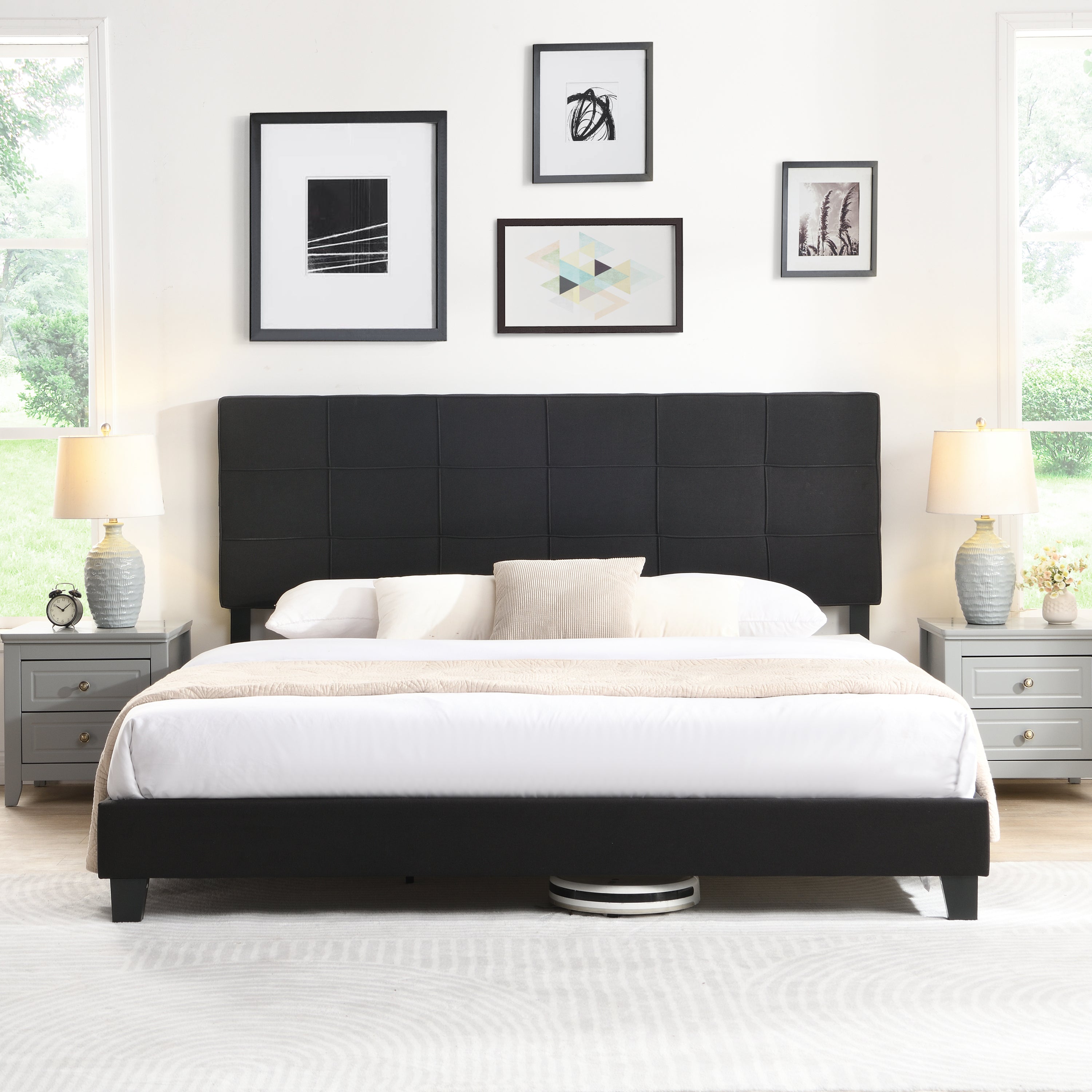 King Size Platform Bed Frame with Black Linen Fabric Headboard By: Alabama Beds