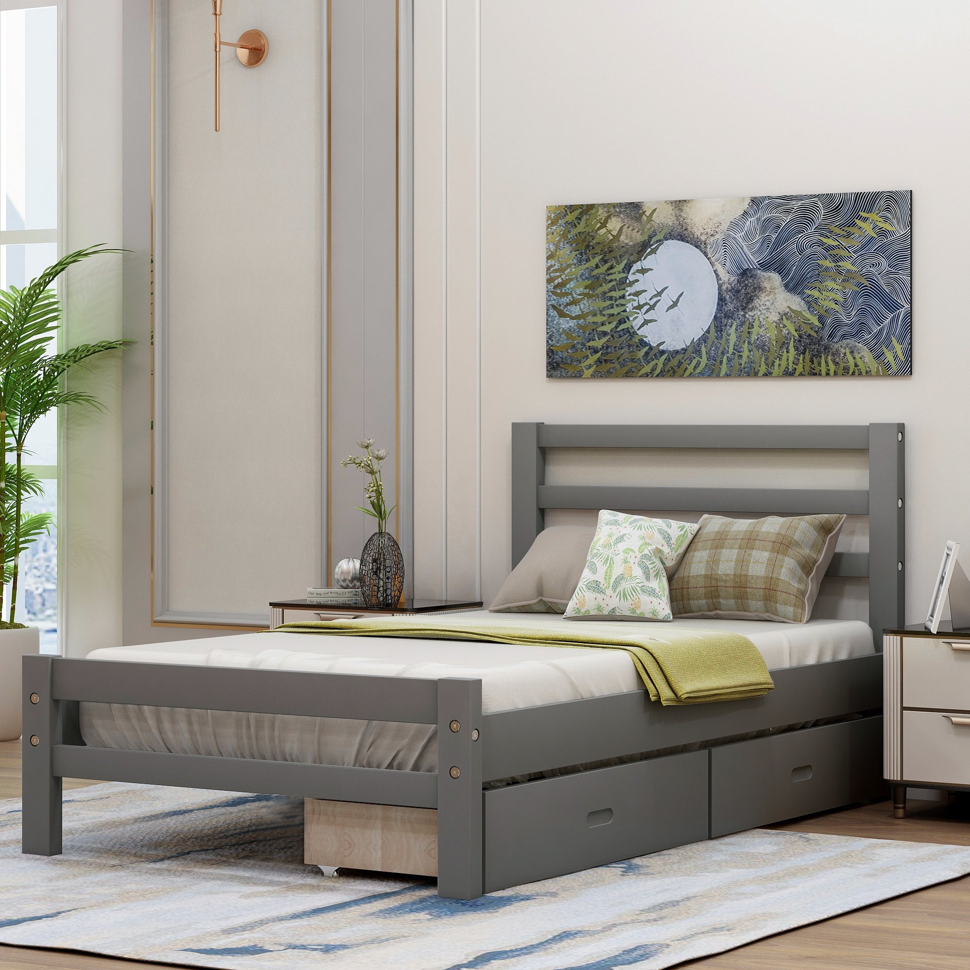 Wood Platform Twin-Size Bed with Two Drawers in Gray By: Alabama Beds