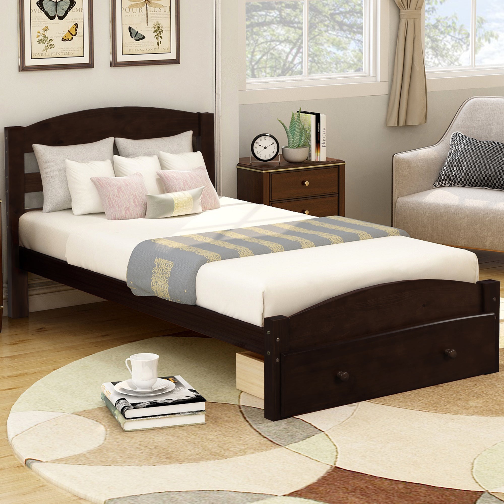 Platform Twin Bed Frame with Storage Drawer and Wood Slat - Espresso By: Alabama Beds