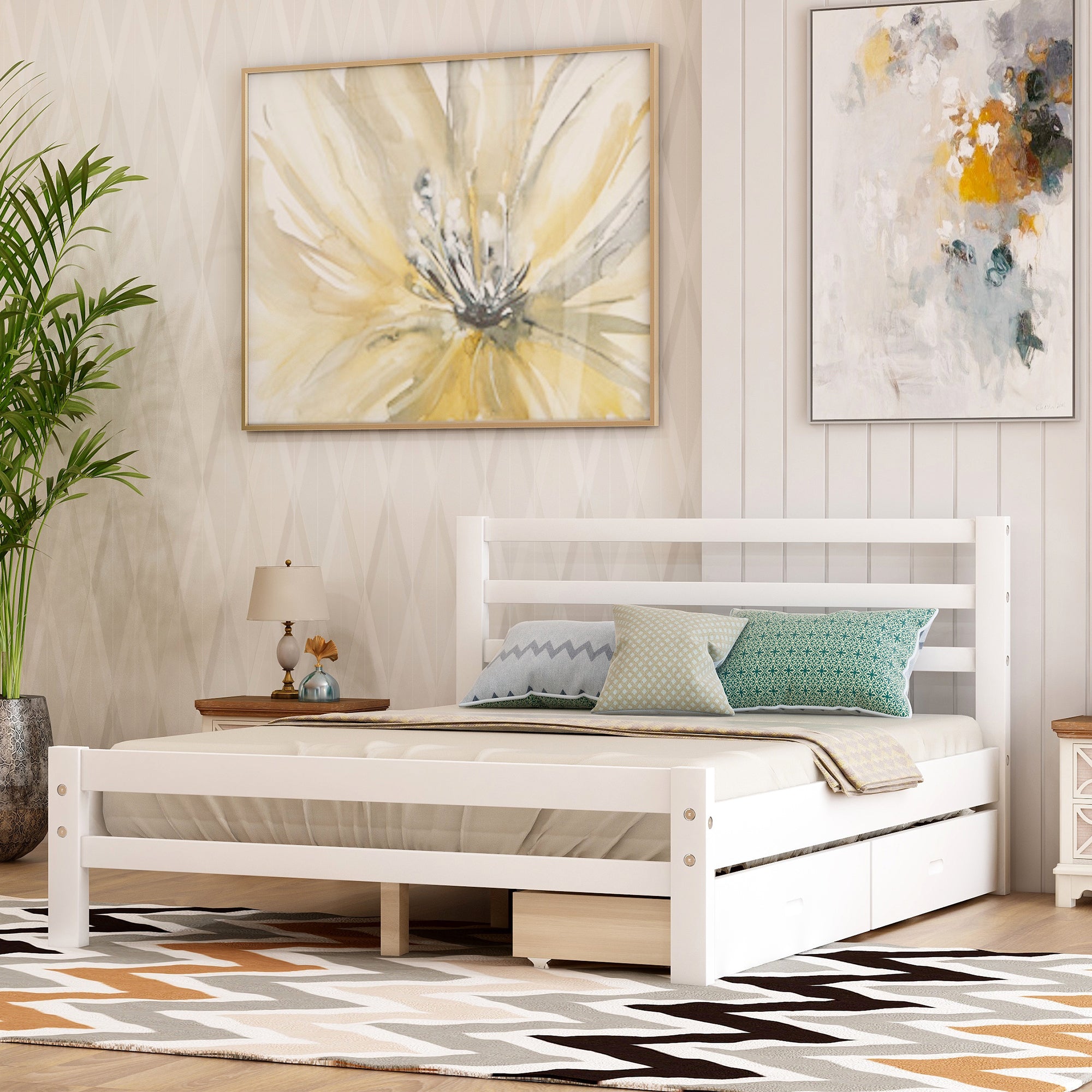 Full-Size Wood Platform Bed with Two Drawers in White by: Alabama Beds