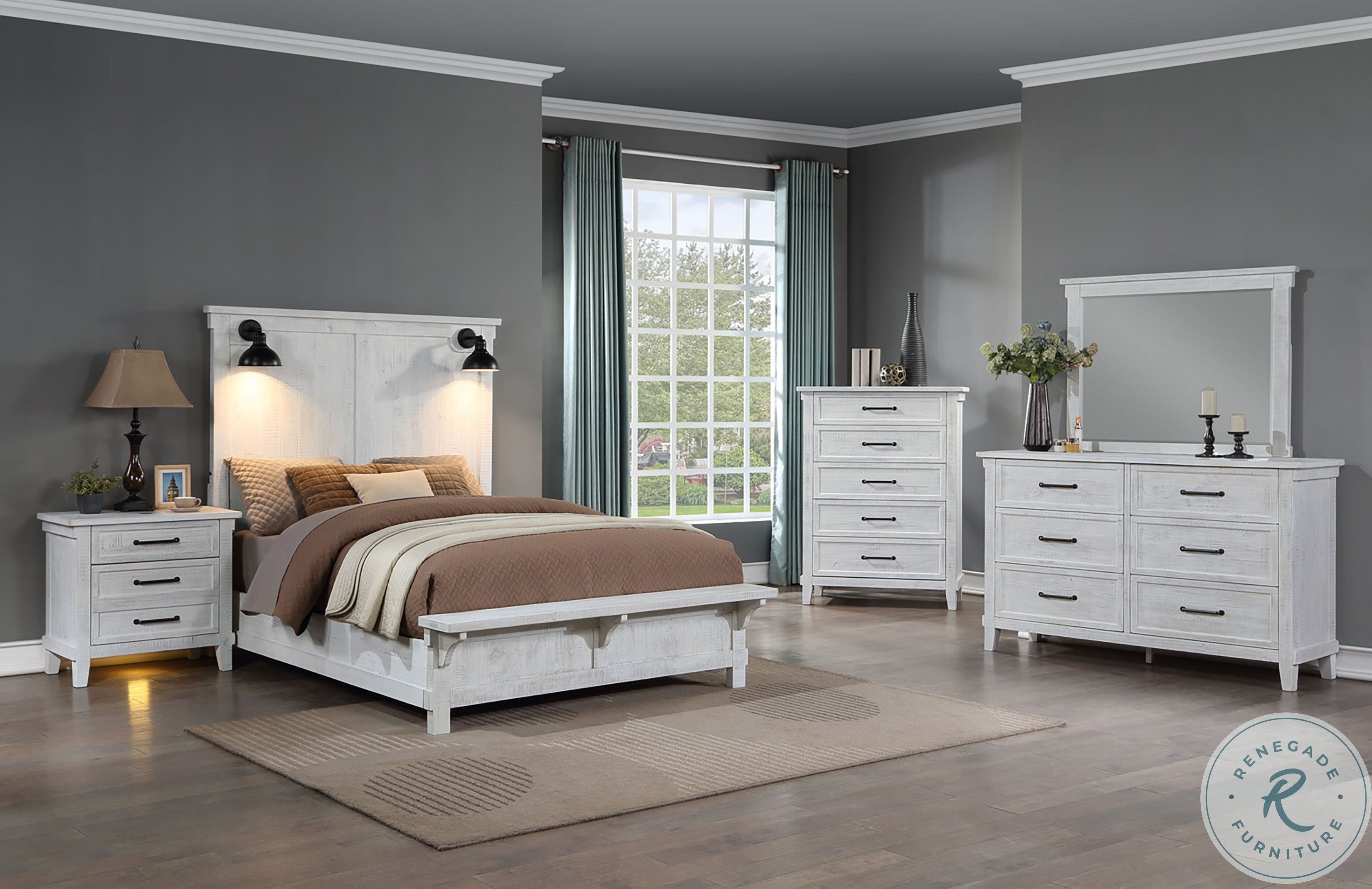 Farmhouse Distressed White King Panel Bed with Bench Footboard by Avalon Furniture
