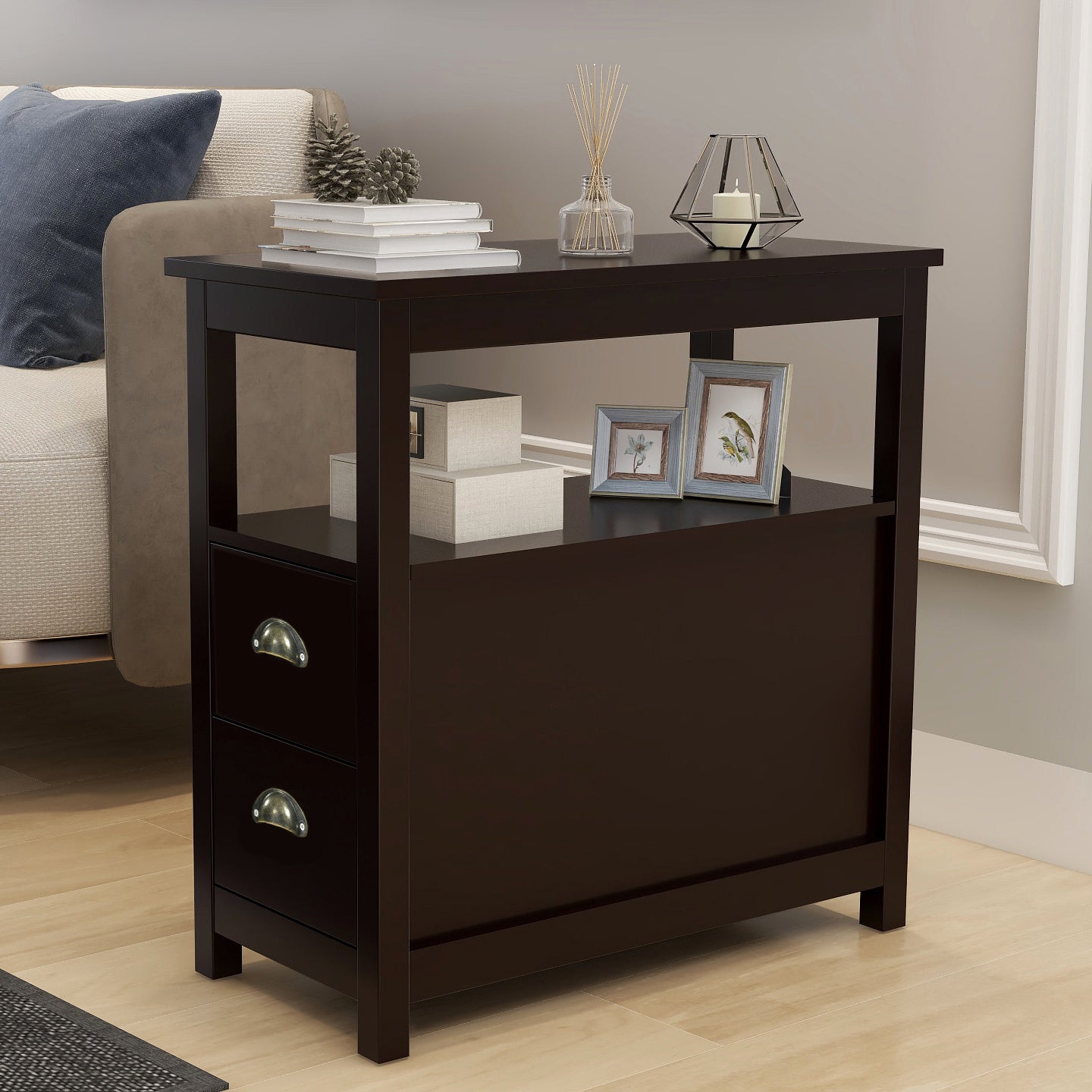 Narrow Brown Nightstand with 2 Drawers & 2 Shelves By: Alabama Beds