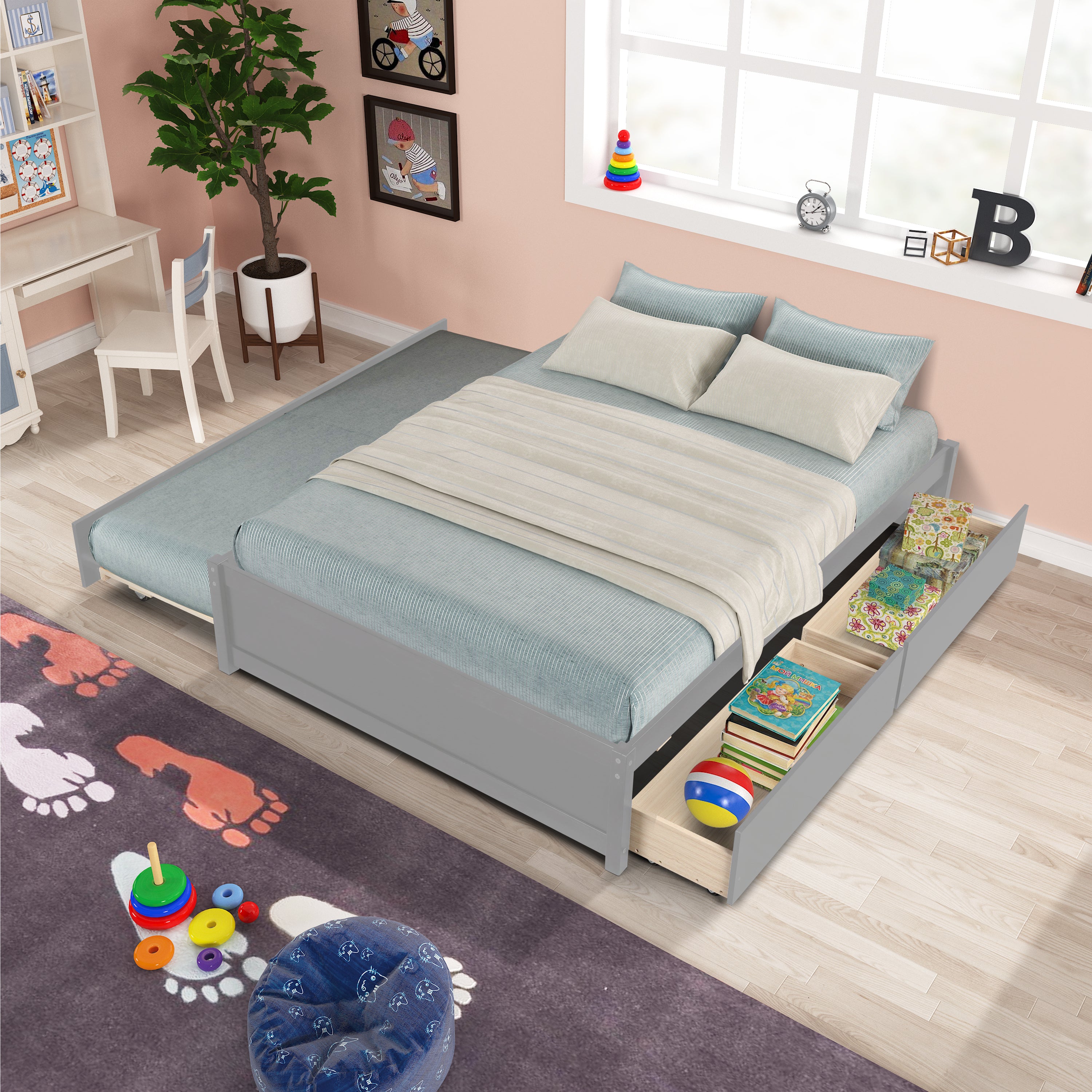 Full Bed With Twin Size Trundle and Two Drawers
